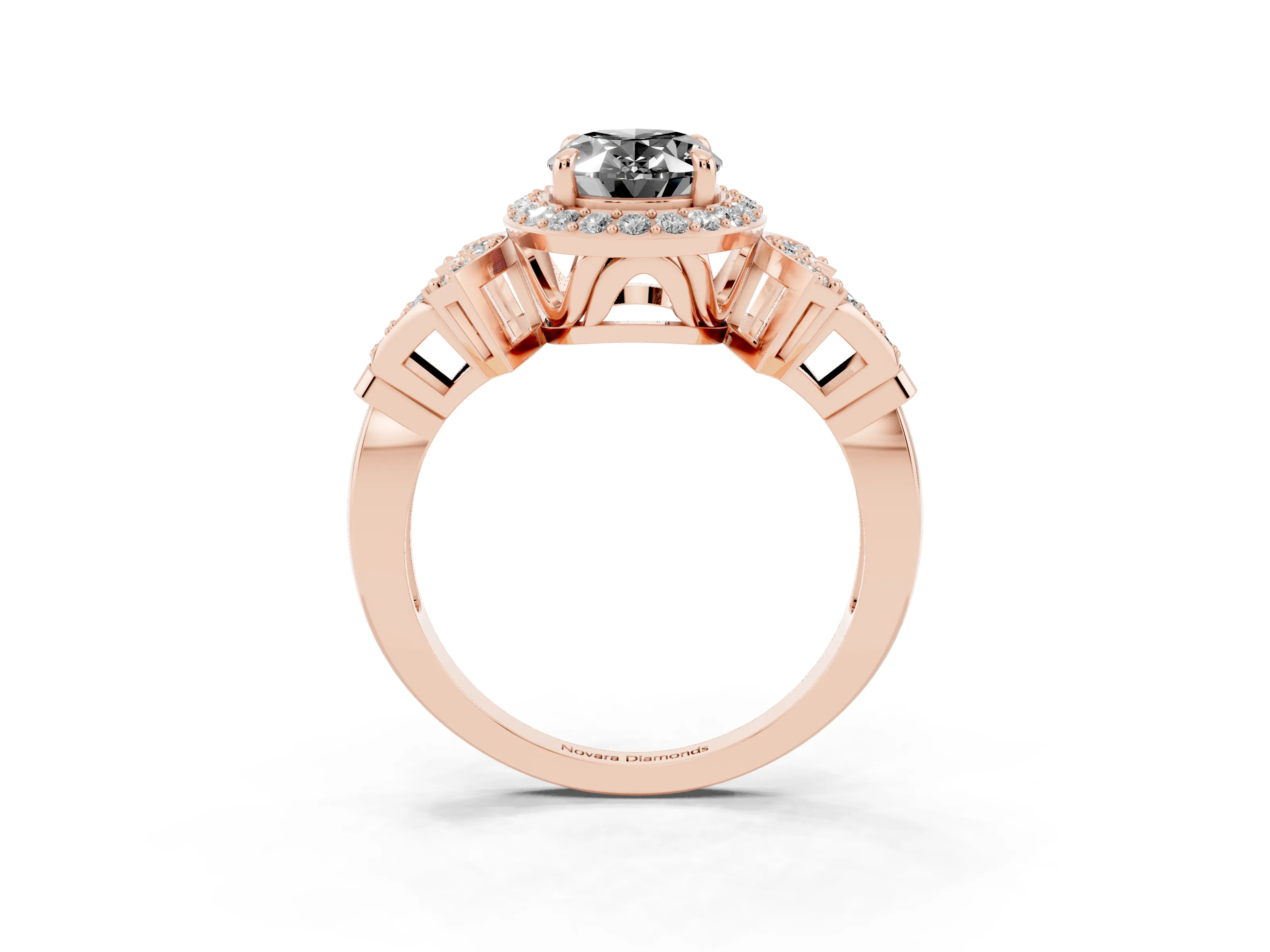Fancy Black Oval Cut Diamond Halo Engagement Ring Set in Rose gold with Accent Stone Split Shank