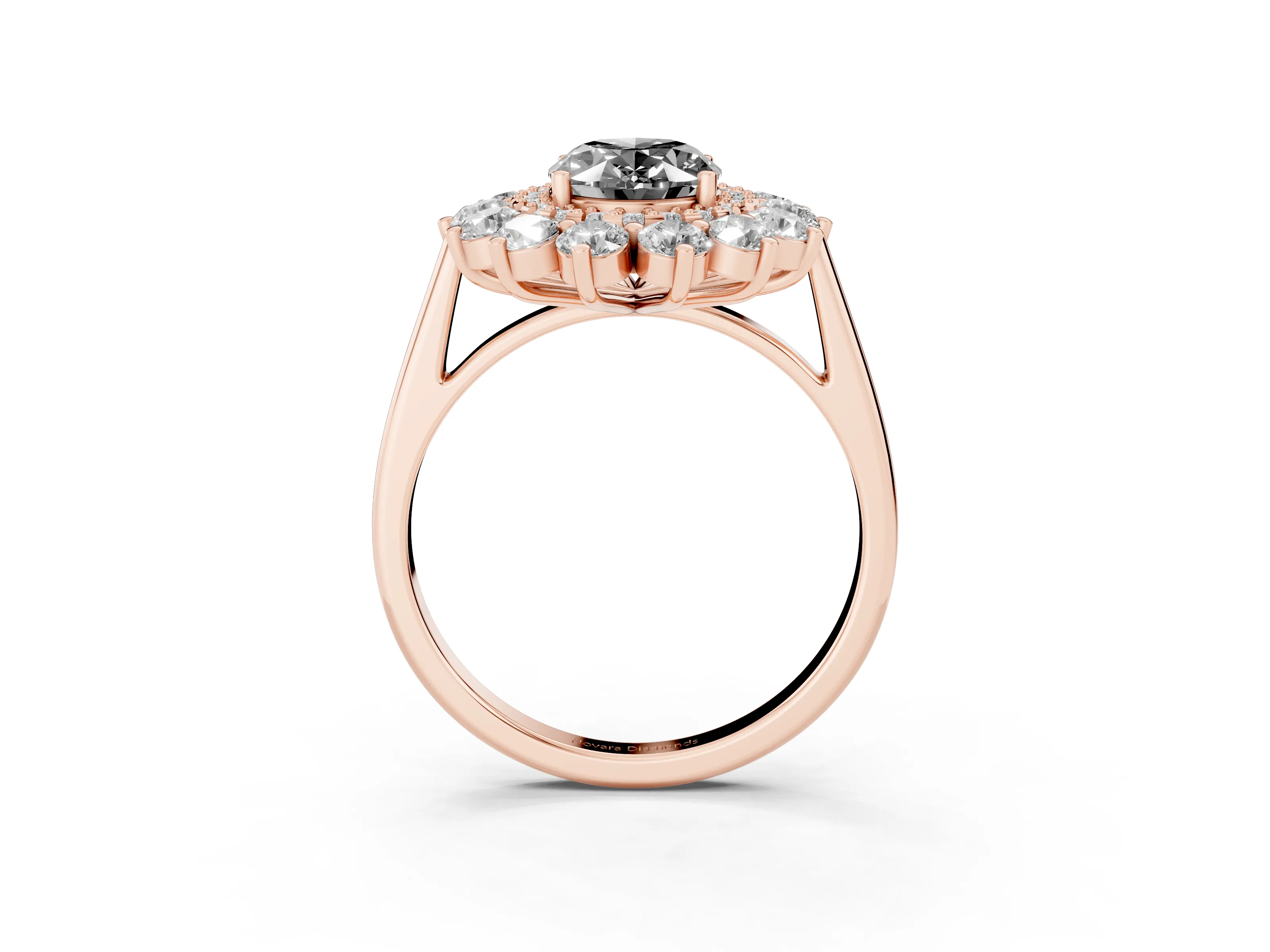 Fancy Black Oval Cut Diamond Floral Double Halo Ring Set in Rose gold with Round Petals