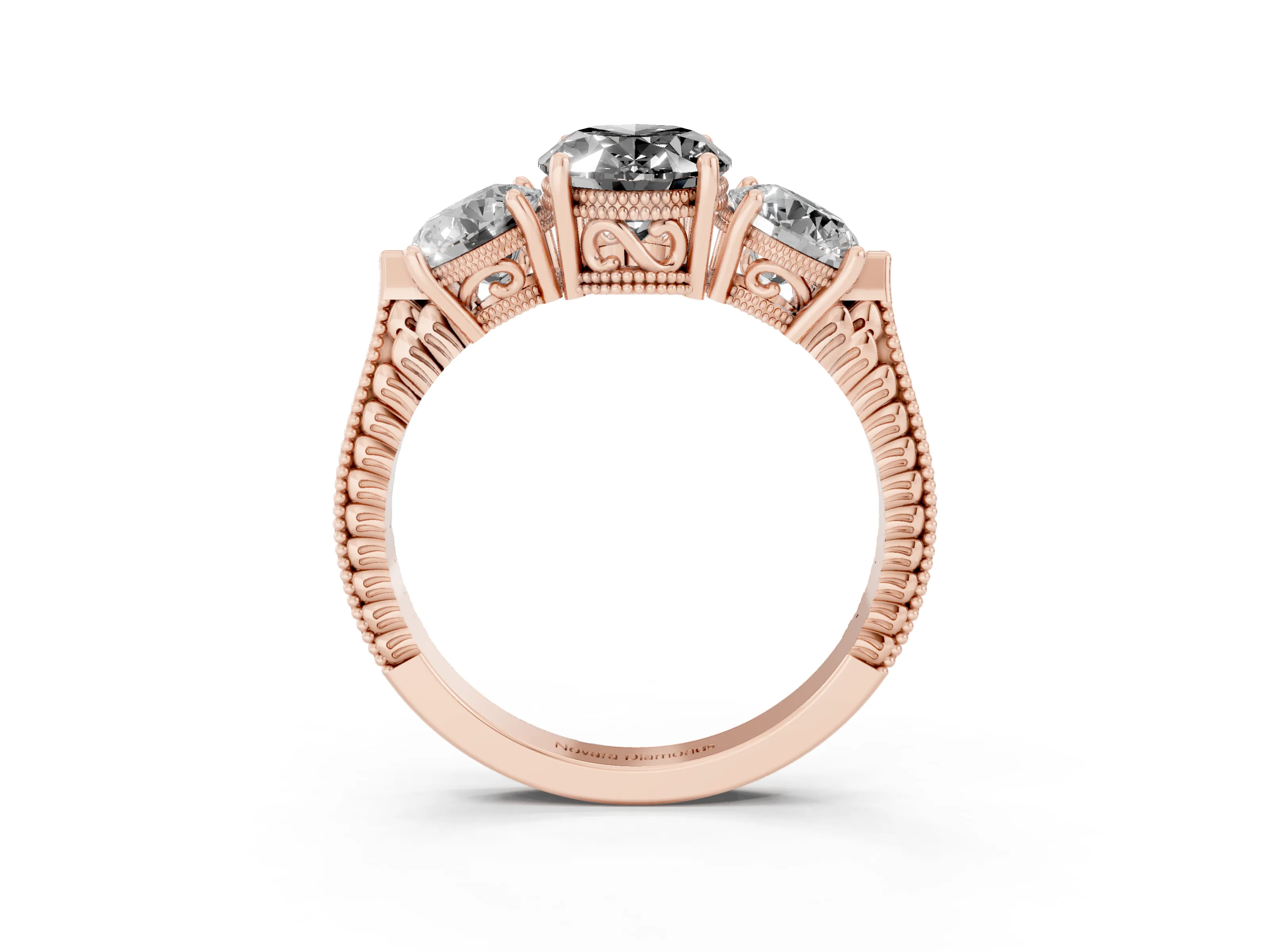 Fancy Black Oval Cut Diamond Three-Stone Ring Set in Rose gold with Milgrain Band