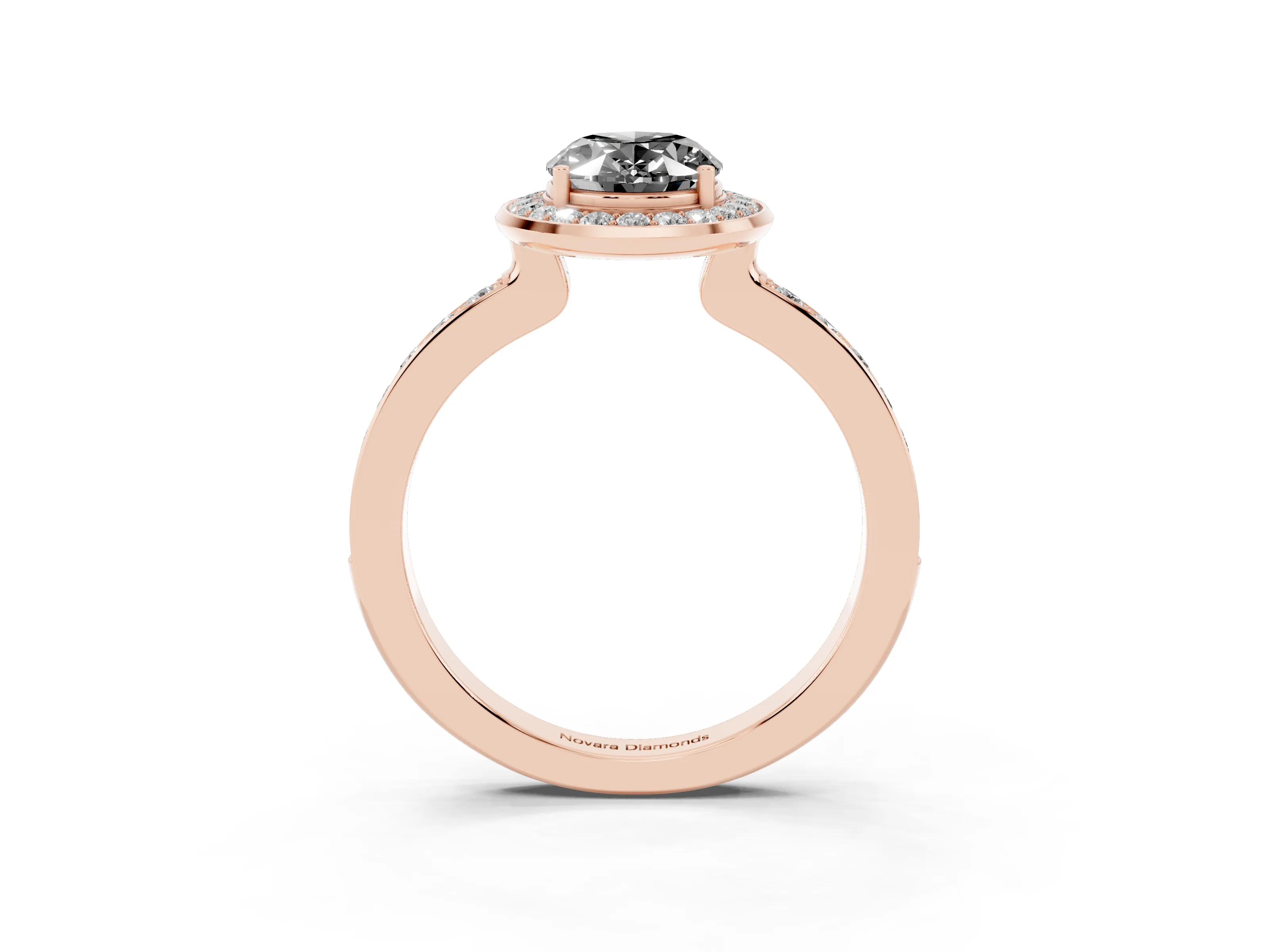 Fancy Black Oval Cut Diamond Halo Ring Set in Rose gold with Bezel Frame and Pavé Band