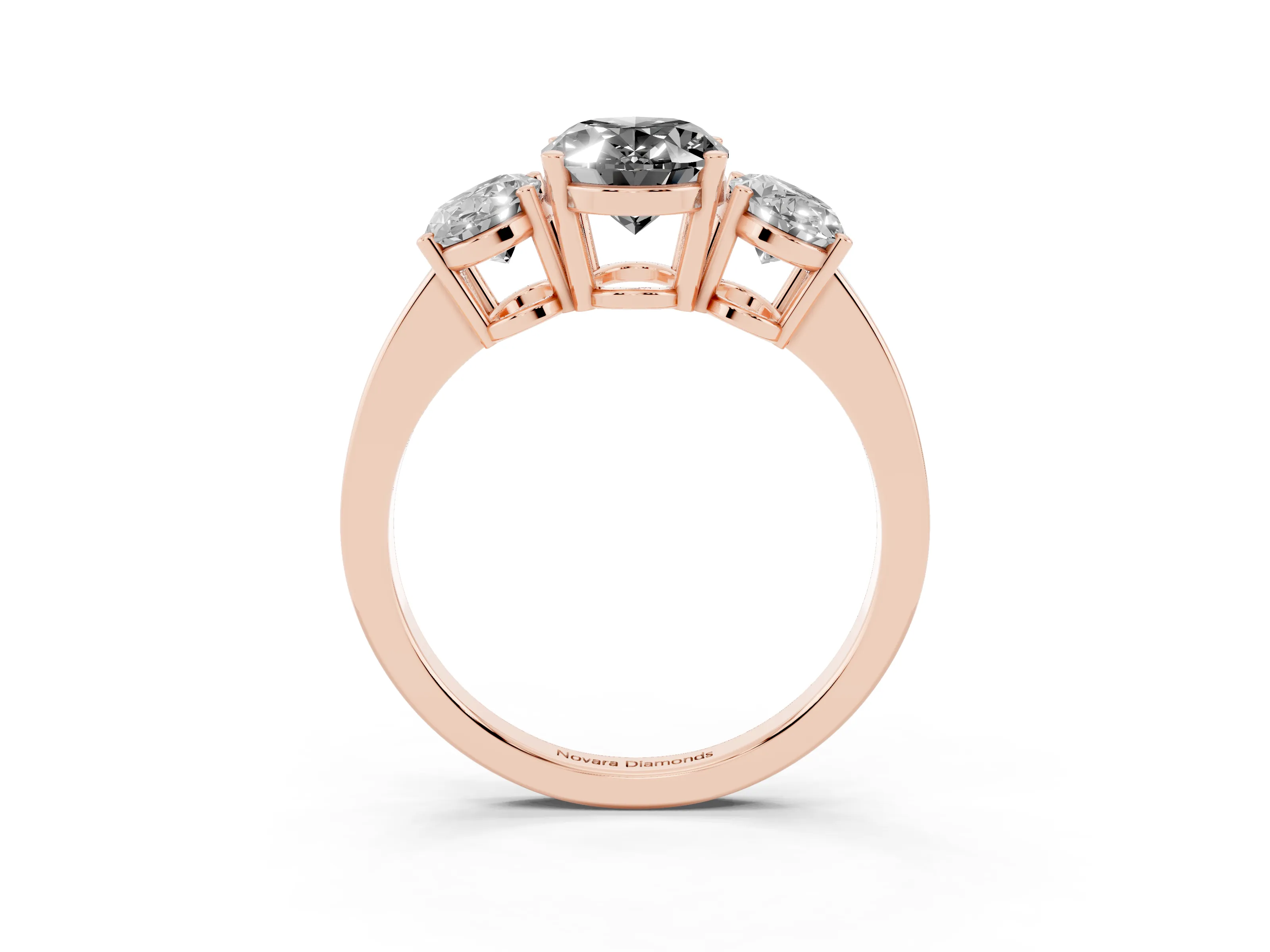 Fancy Black Oval Cut Diamond Three-Stone Engagement Ring Set in Rose gold with Flat Band