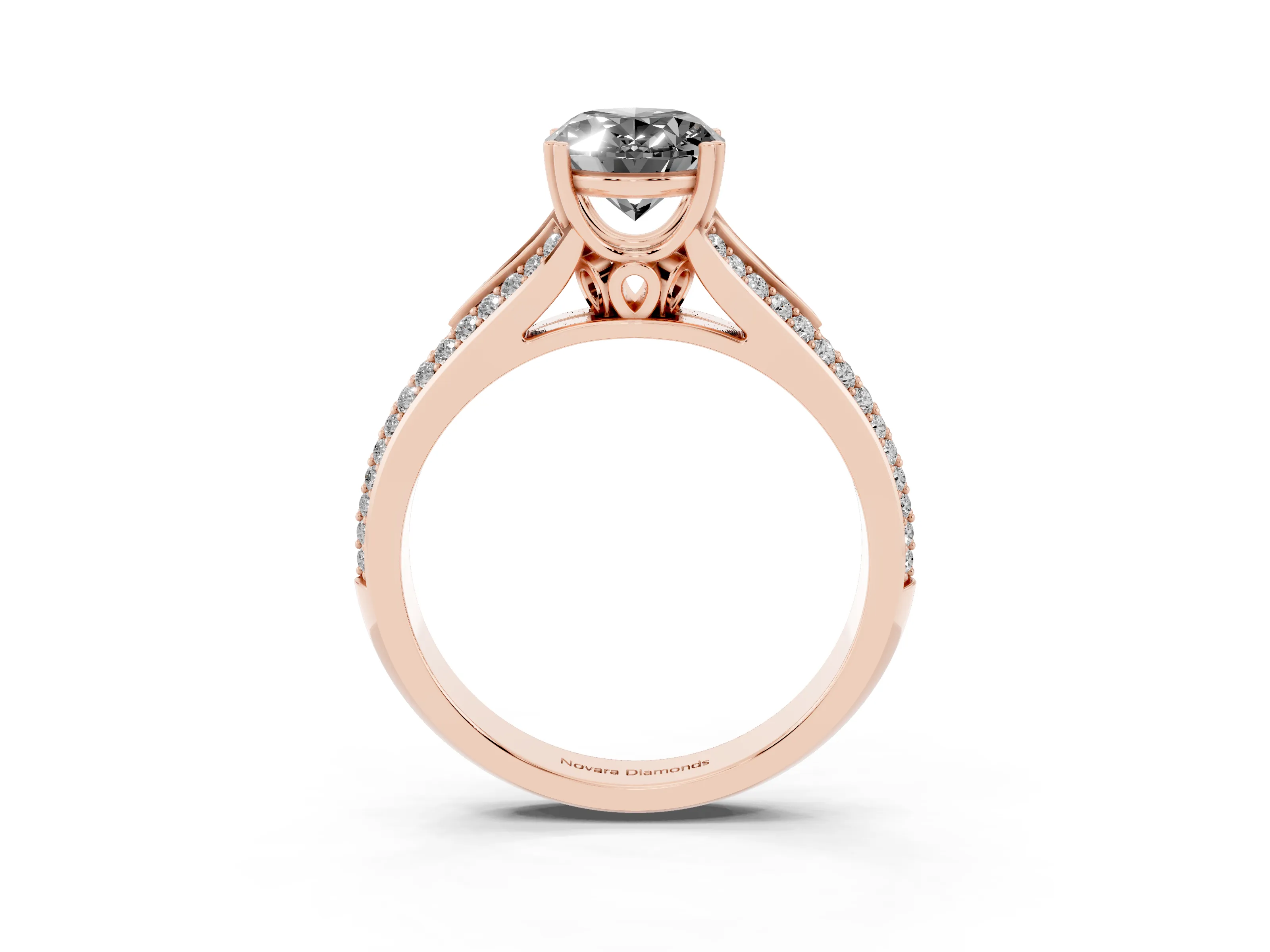 Fancy Black Oval Cut Diamond Split Shank Pavé Engagement Ring Set in Rose gold with Prong-Set Center Stone