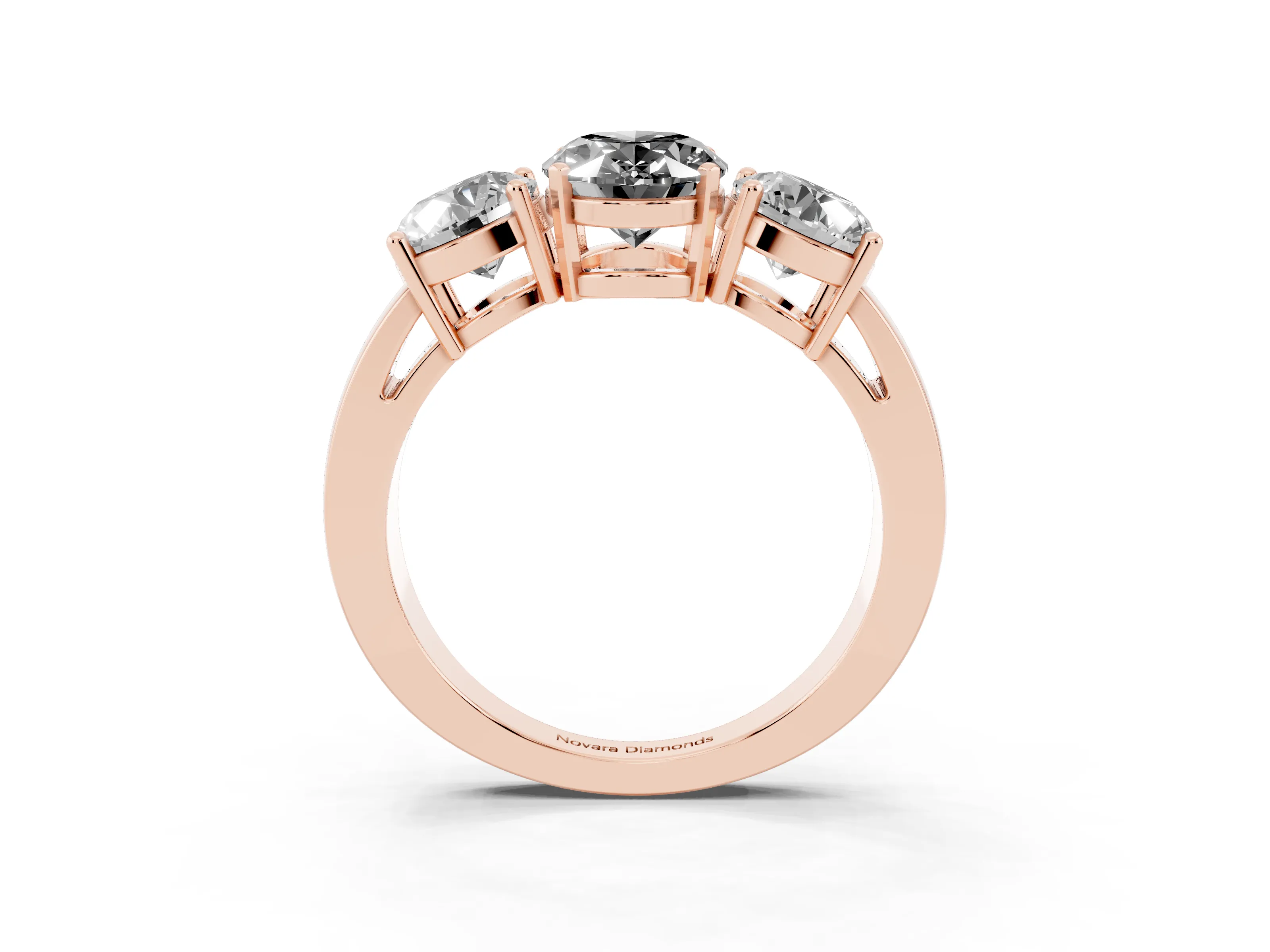 Fancy Black Oval Cut Diamond Three-Stone Ring Set in Rose gold with Round Side Stones and Classic Band