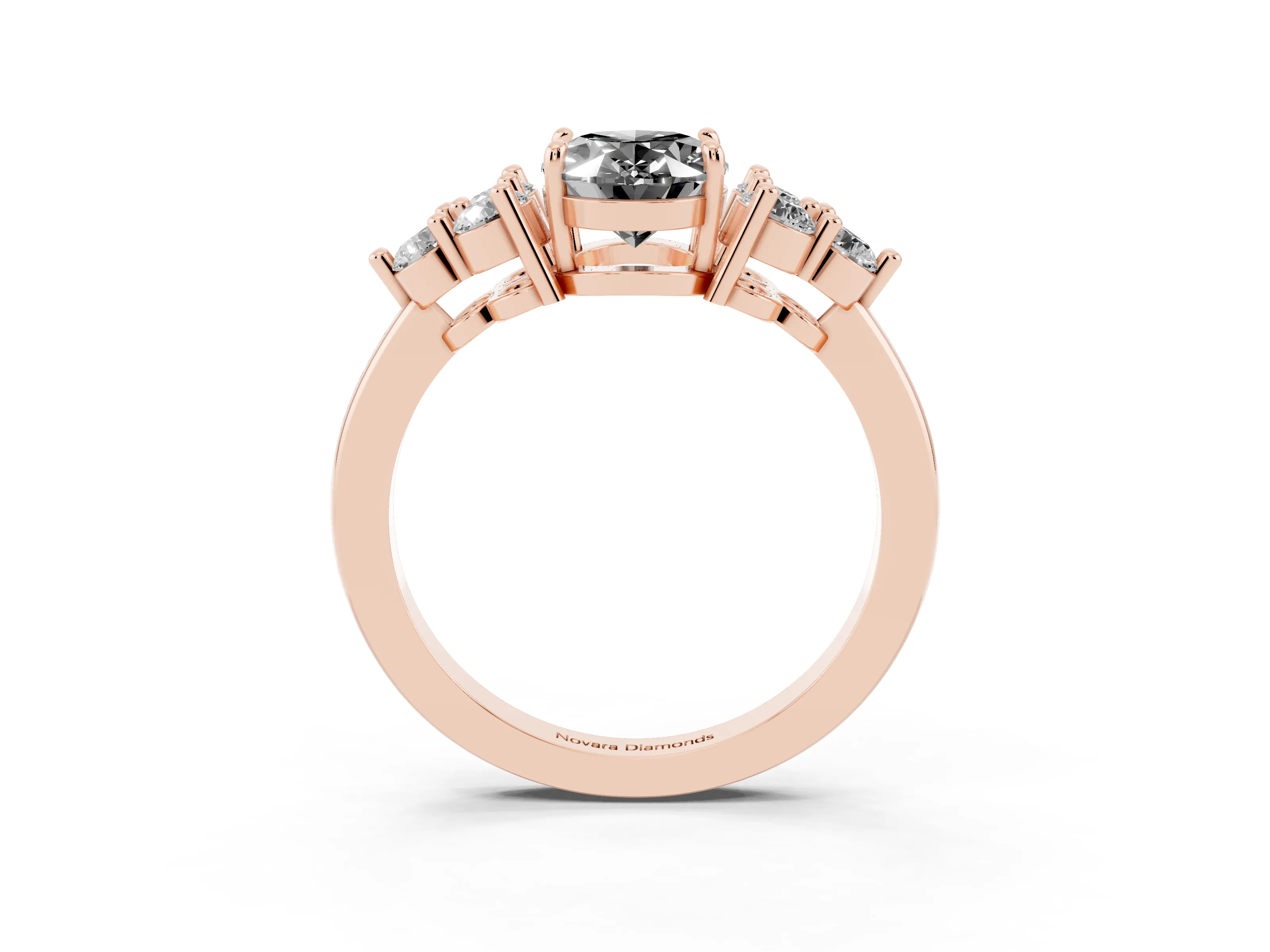 Fancy Black Oval Cut Diamond Solitaire Ring Set in Rose gold with Cluster Accents on Each Side