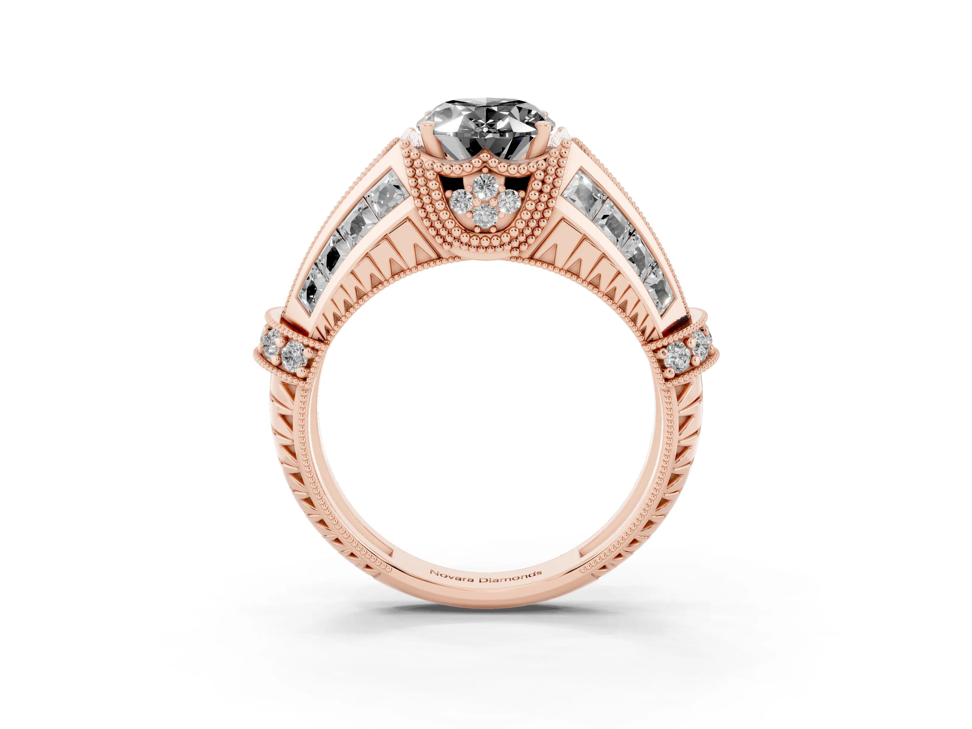 Fancy Black Oval Cut Diamond Vintage-Inspired Milgrain Ring Set in Rose gold with Accent Split Shank