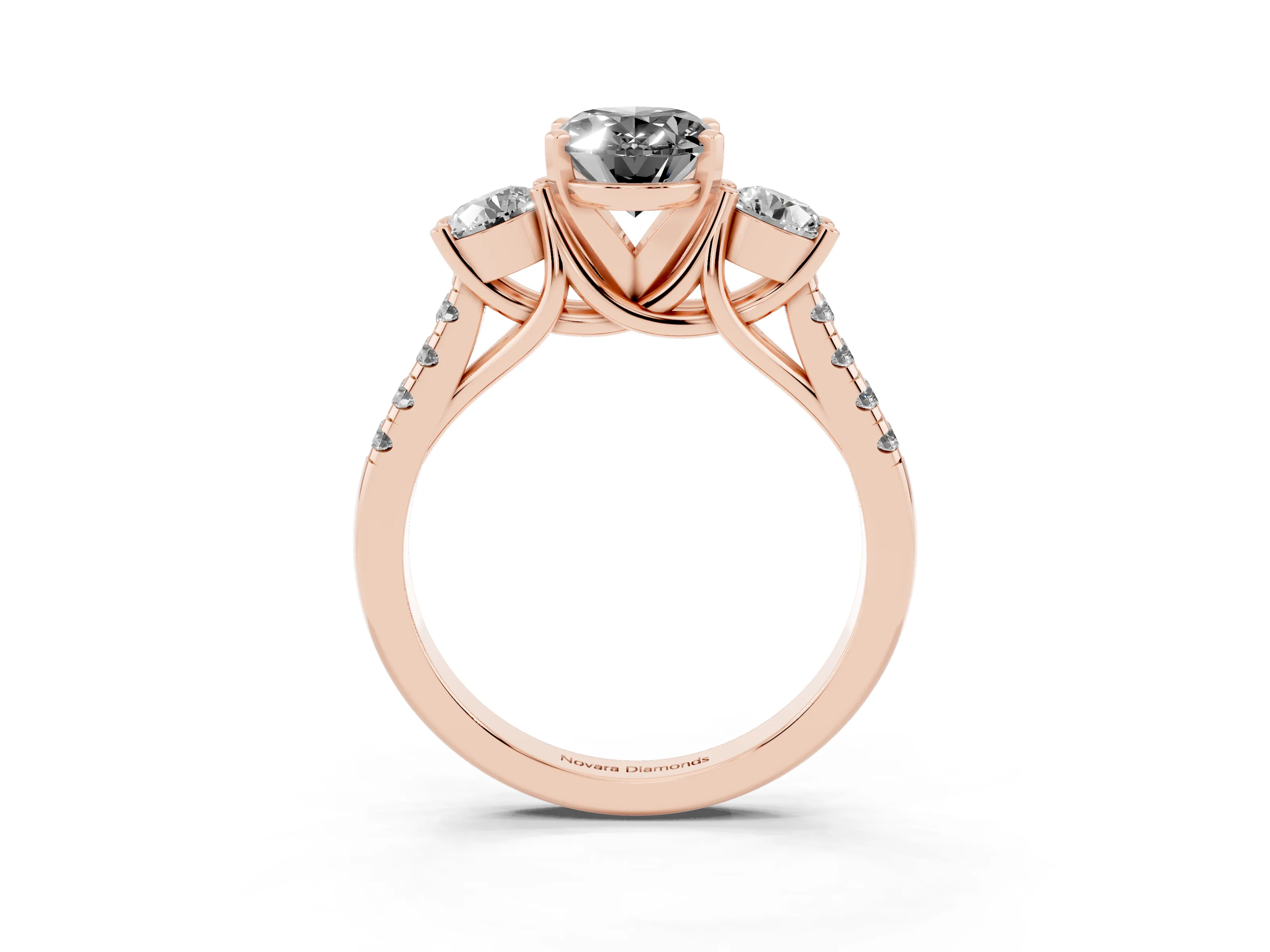 Fancy Black Three-Stone Oval Cut Diamond Pavé Band Ring Set in Rose gold with Prong-Set Trio