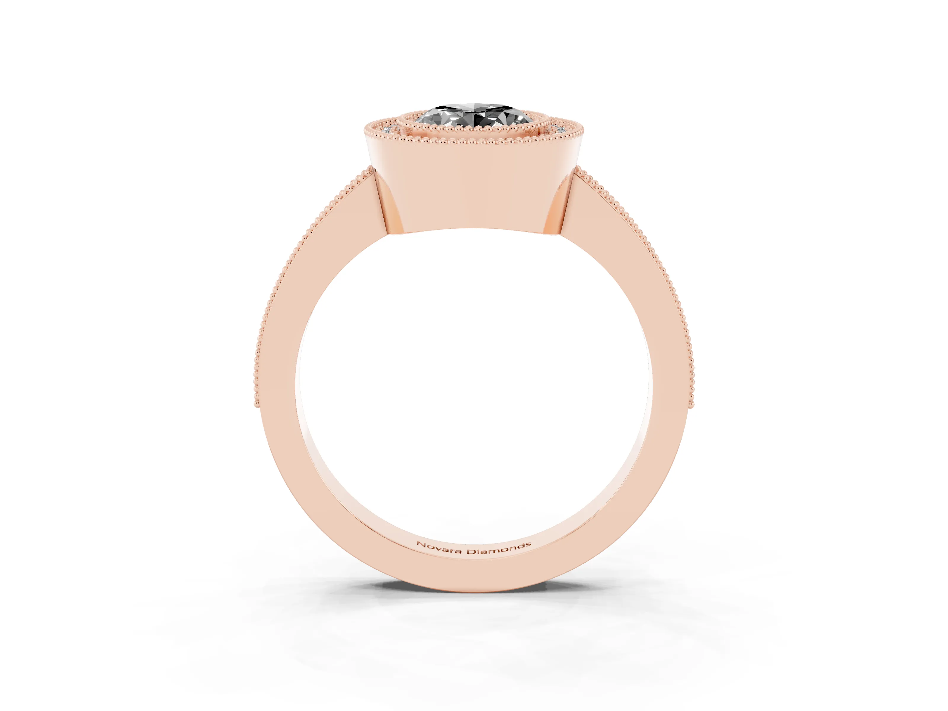 Fancy Black Oval Cut Diamond Halo Engagement Ring Set in Rose gold with Pavé Band and Round Halo Stones