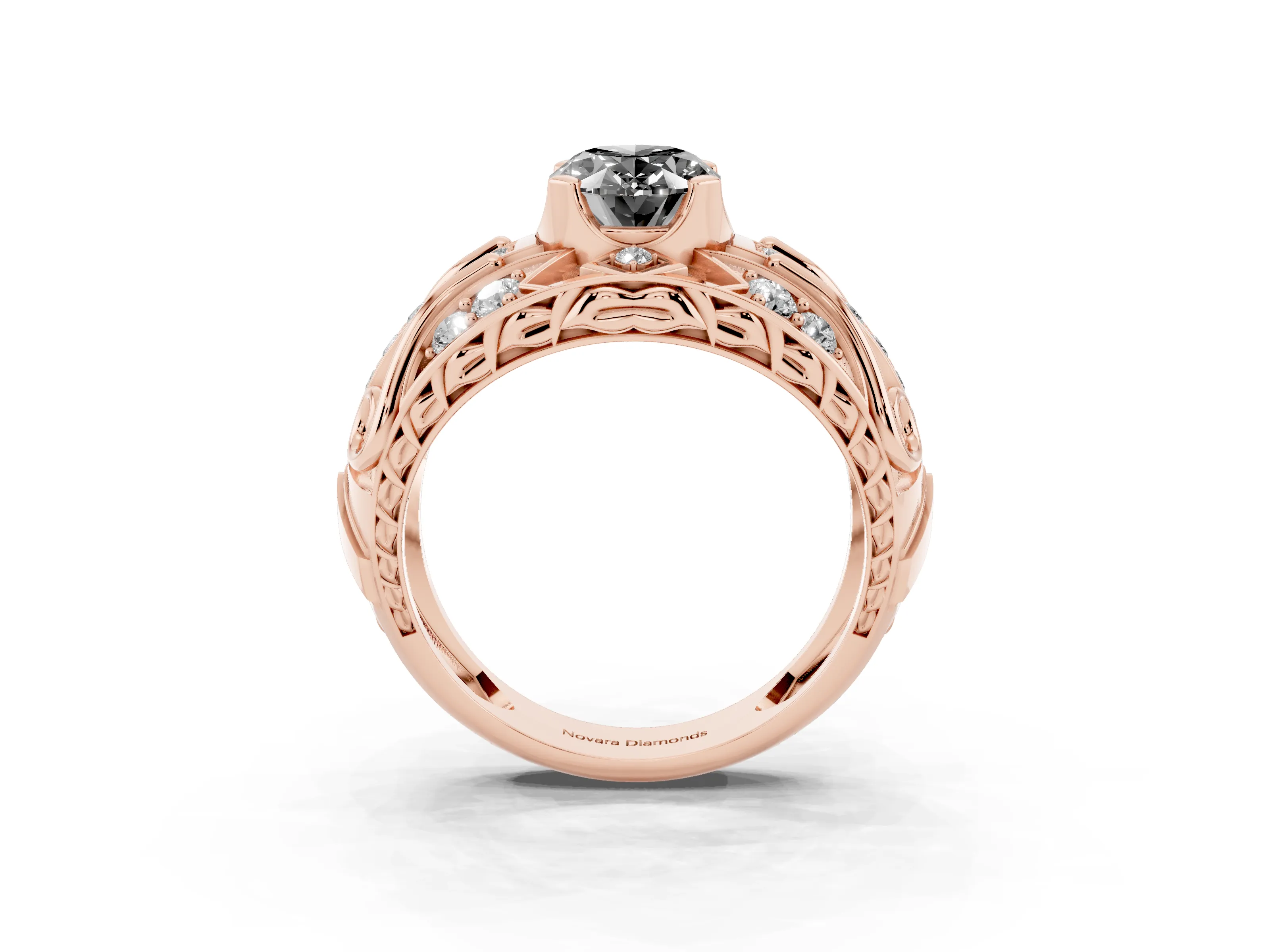 Fancy Black Oval Cut Diamond Art Deco Ring Set in Rose gold with Pavé Split Shank