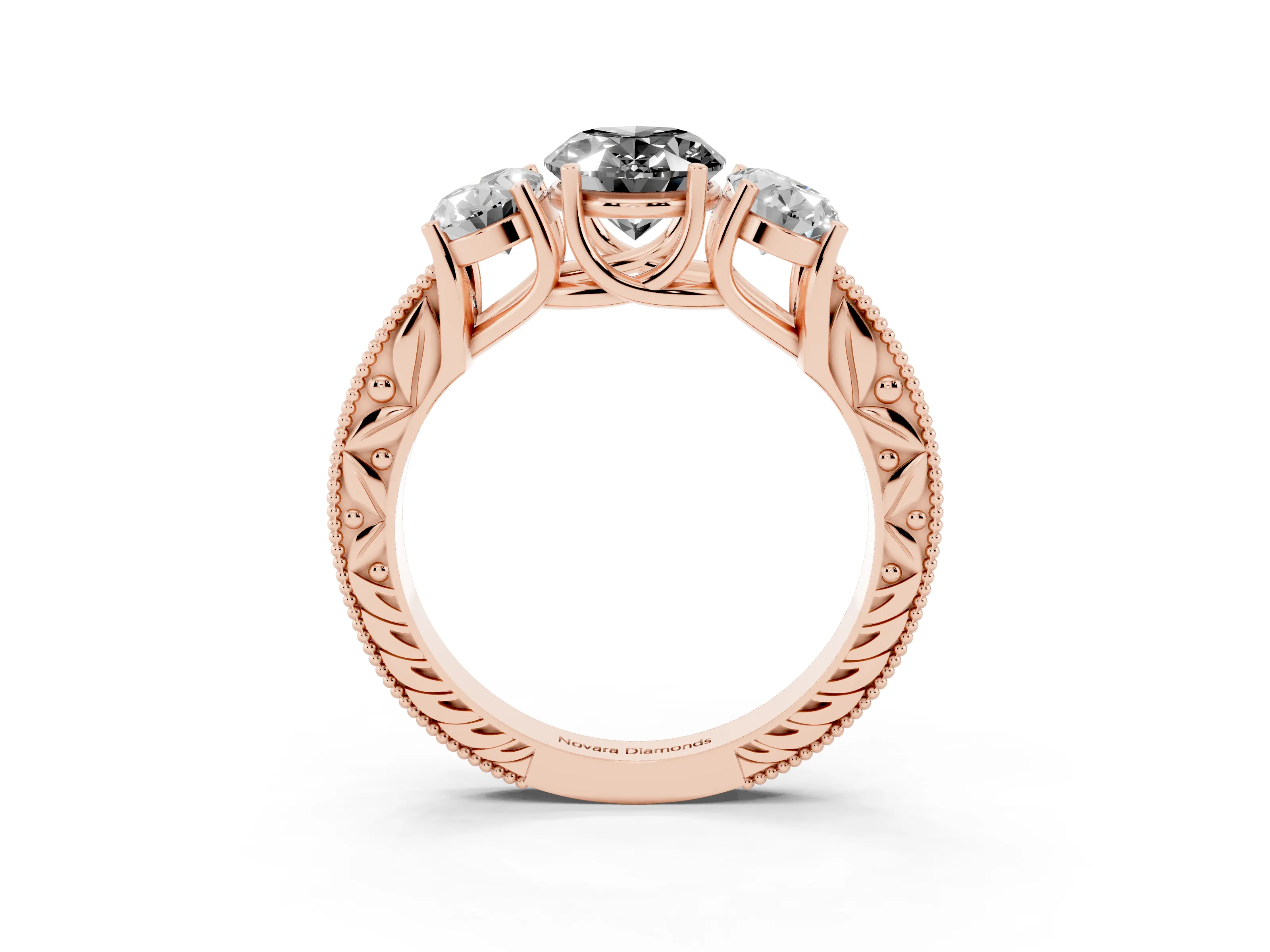 Fancy Black Oval Cut Diamond Three-Stone Engagement Ring Set in Rose gold with Milgrain Pavé Band