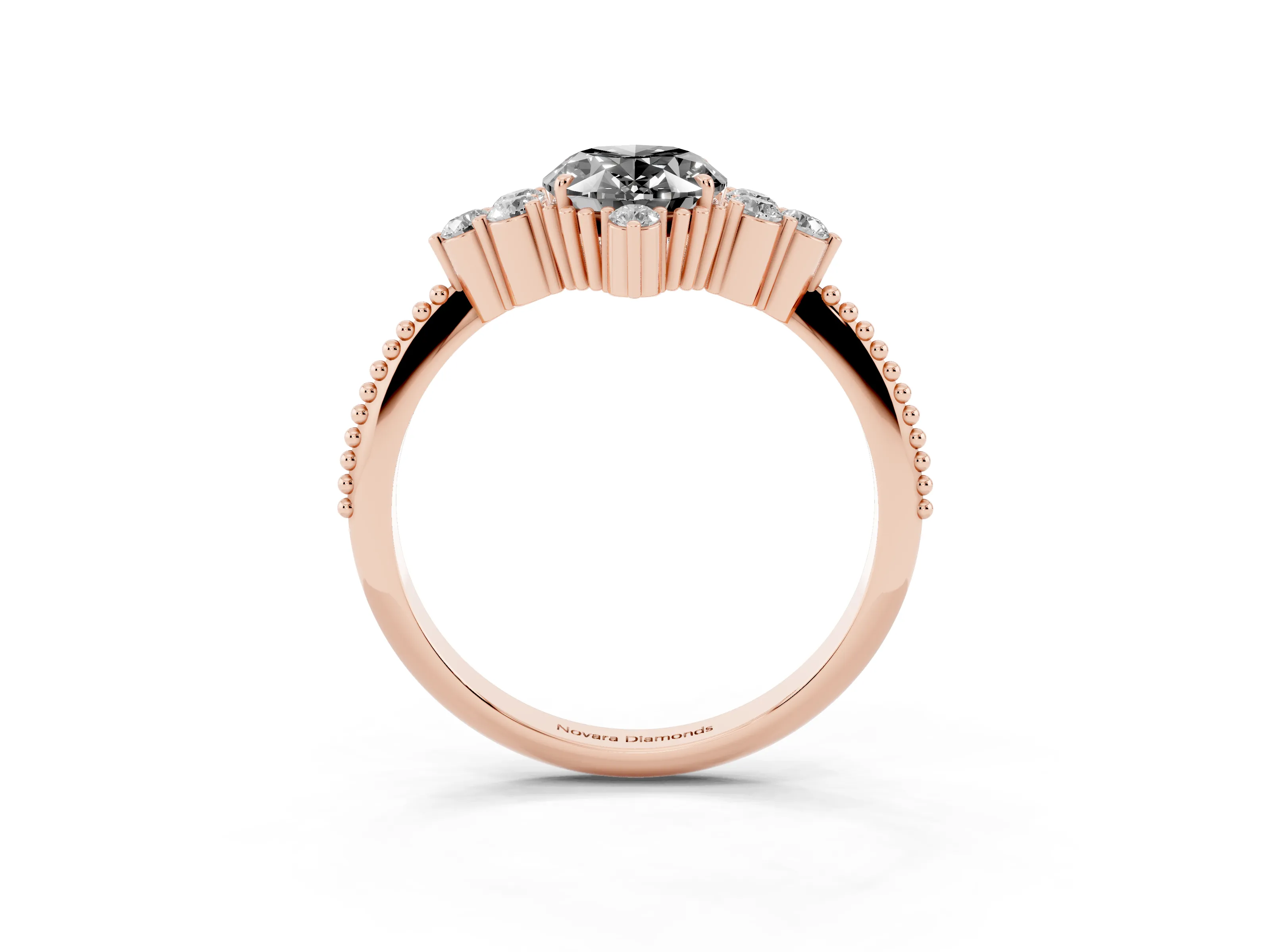 Fancy Black Oval Cut Diamond Cluster Ring Set in Rose gold with Beaded Band
