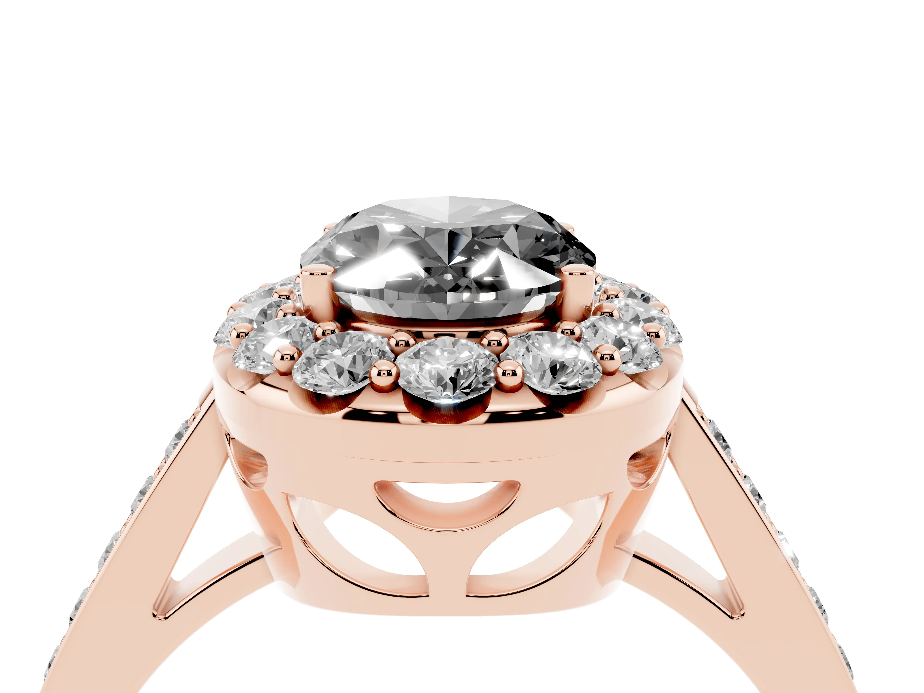 Fancy Black Oval Cut Diamond Floral Halo Ring Set in Rose gold with Pavé Band and Prong Setting