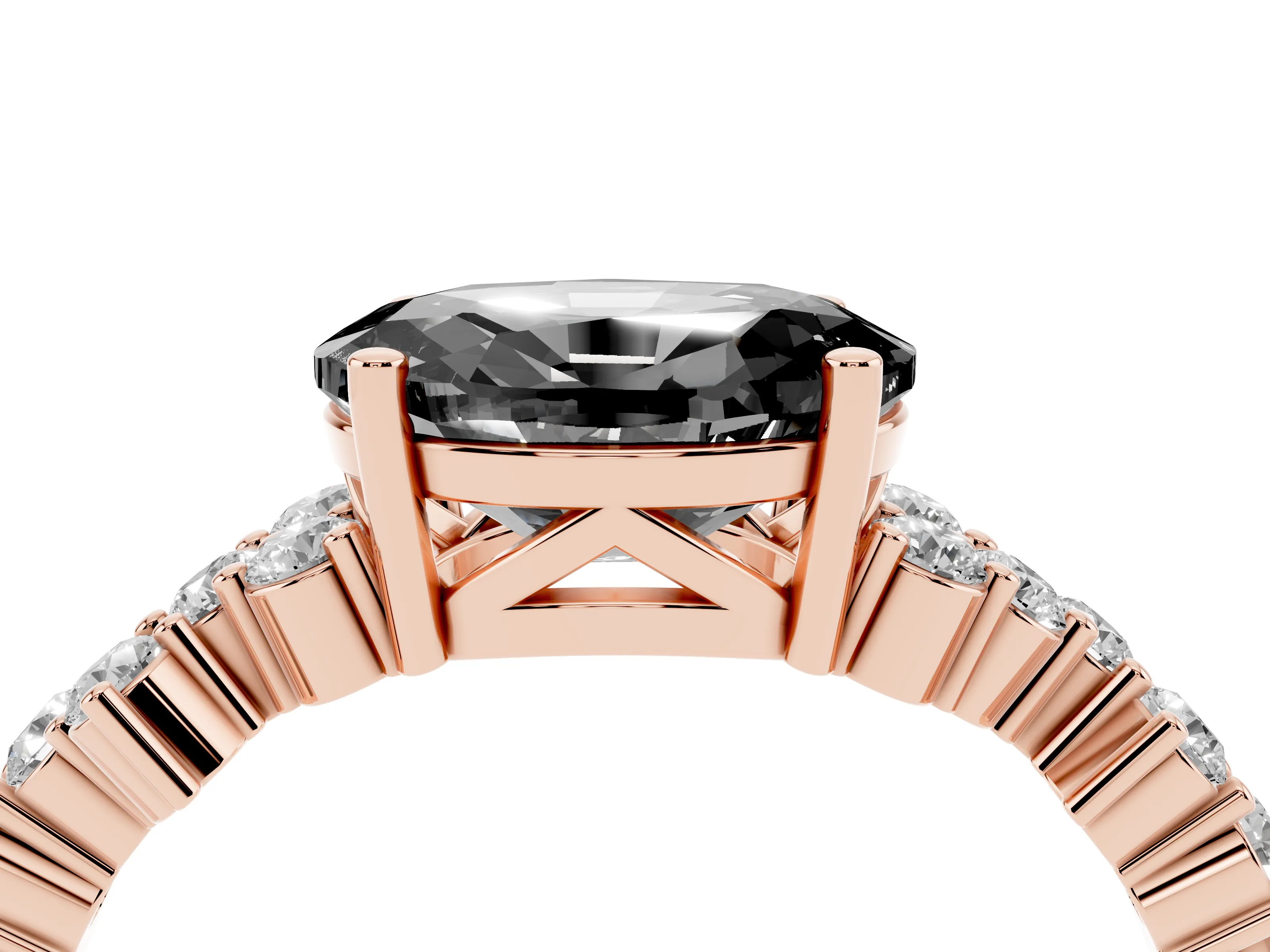 Fancy Black Oval Cut Diamond Ring Set in Rose gold with Scattered Round Accents
