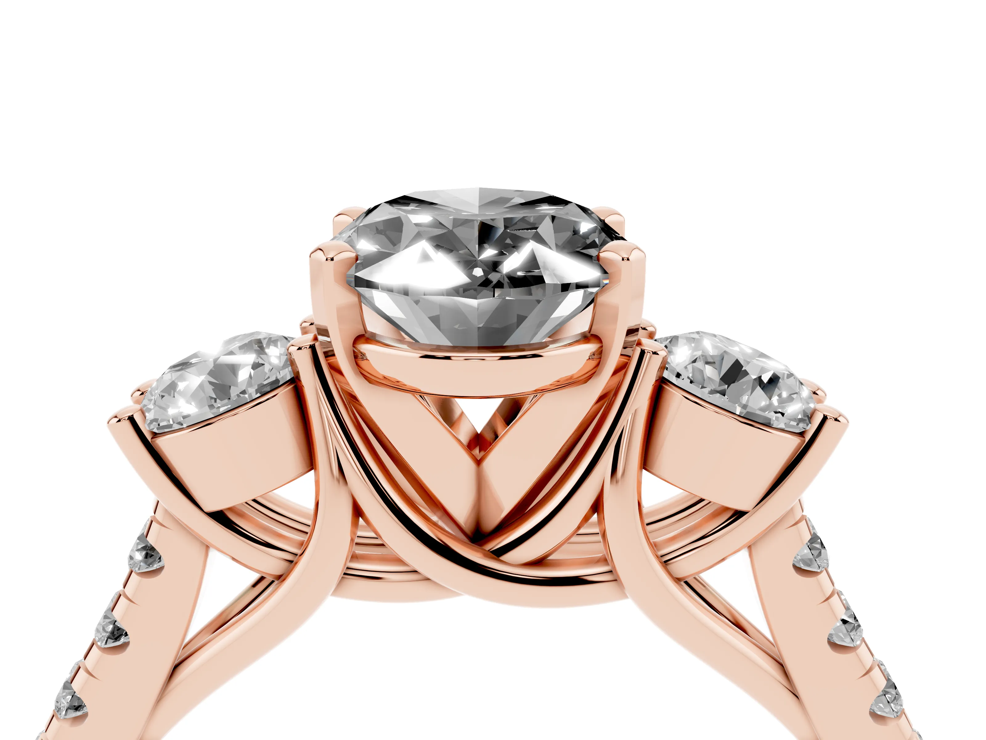 Fancy Black Three-Stone Oval Cut Diamond Pavé Band Ring Set in Rose gold with Prong-Set Trio