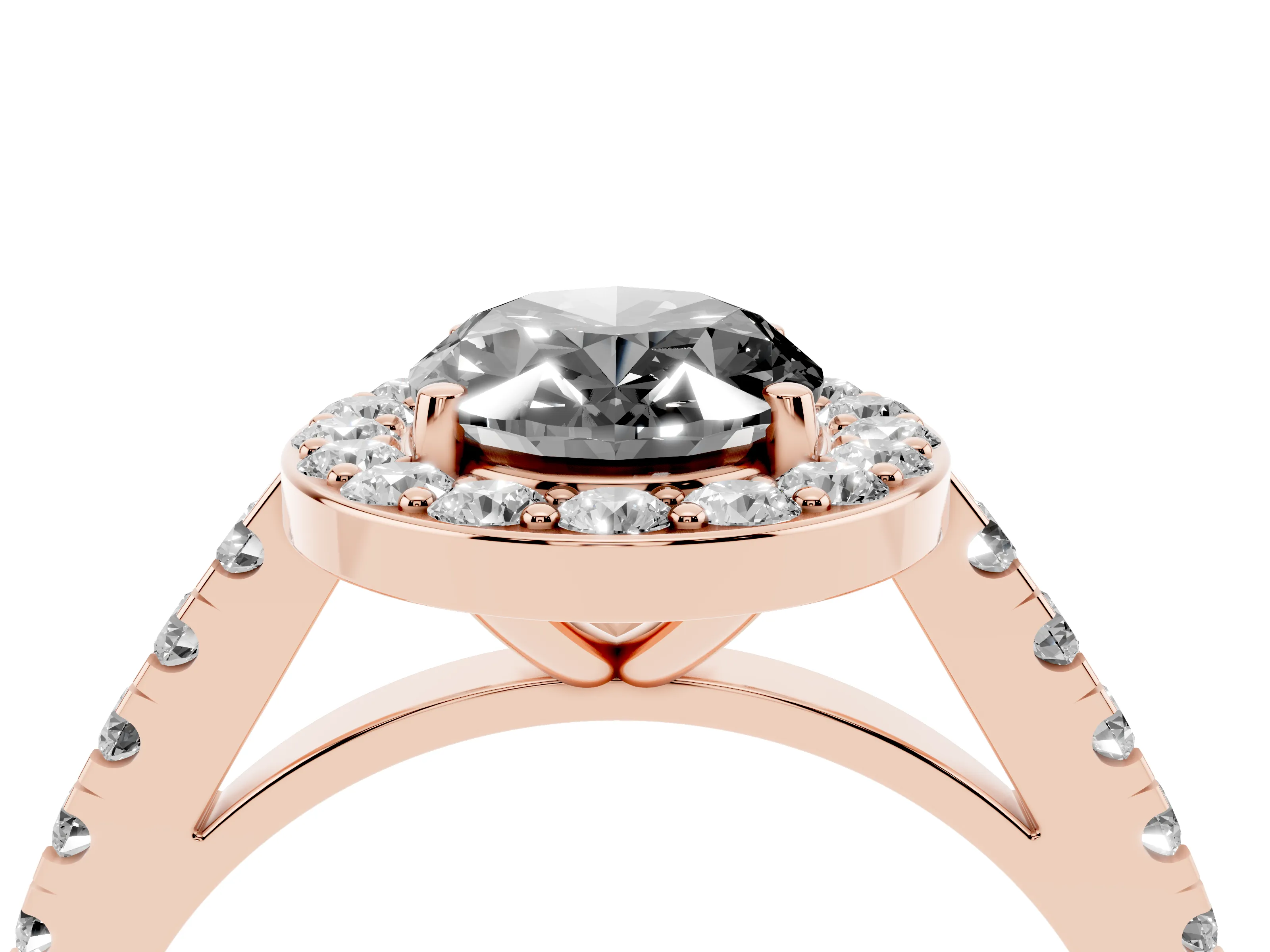 Fancy Black Oval Cut Diamond Halo Ring Set in Rose gold with Round Pavé Split Shank and Prong Setting