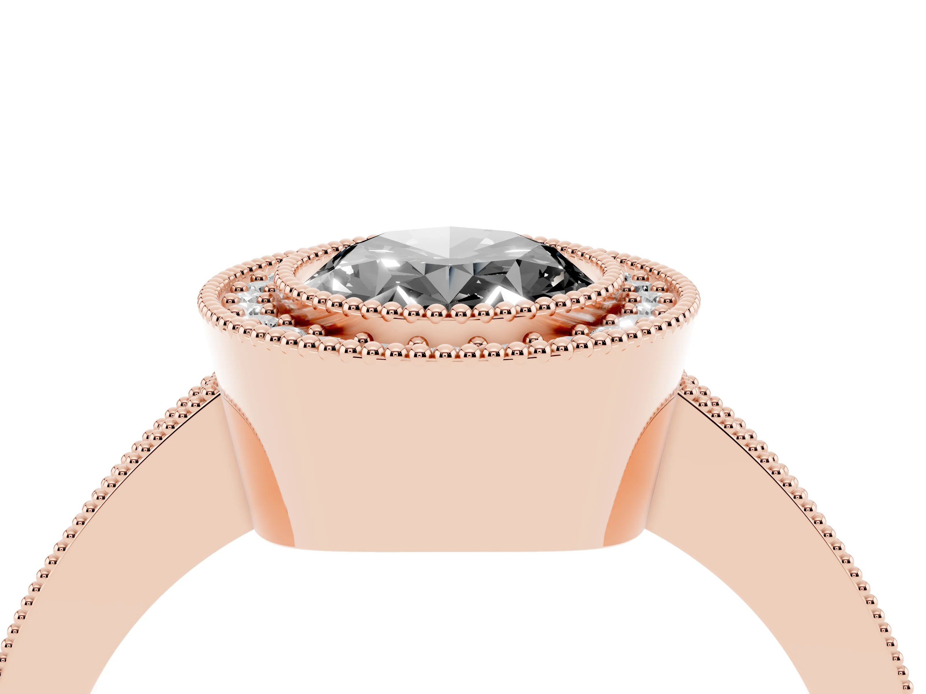 Fancy Black Oval Cut Diamond Halo Engagement Ring Set in Rose gold with Pavé Band and Round Halo Stones