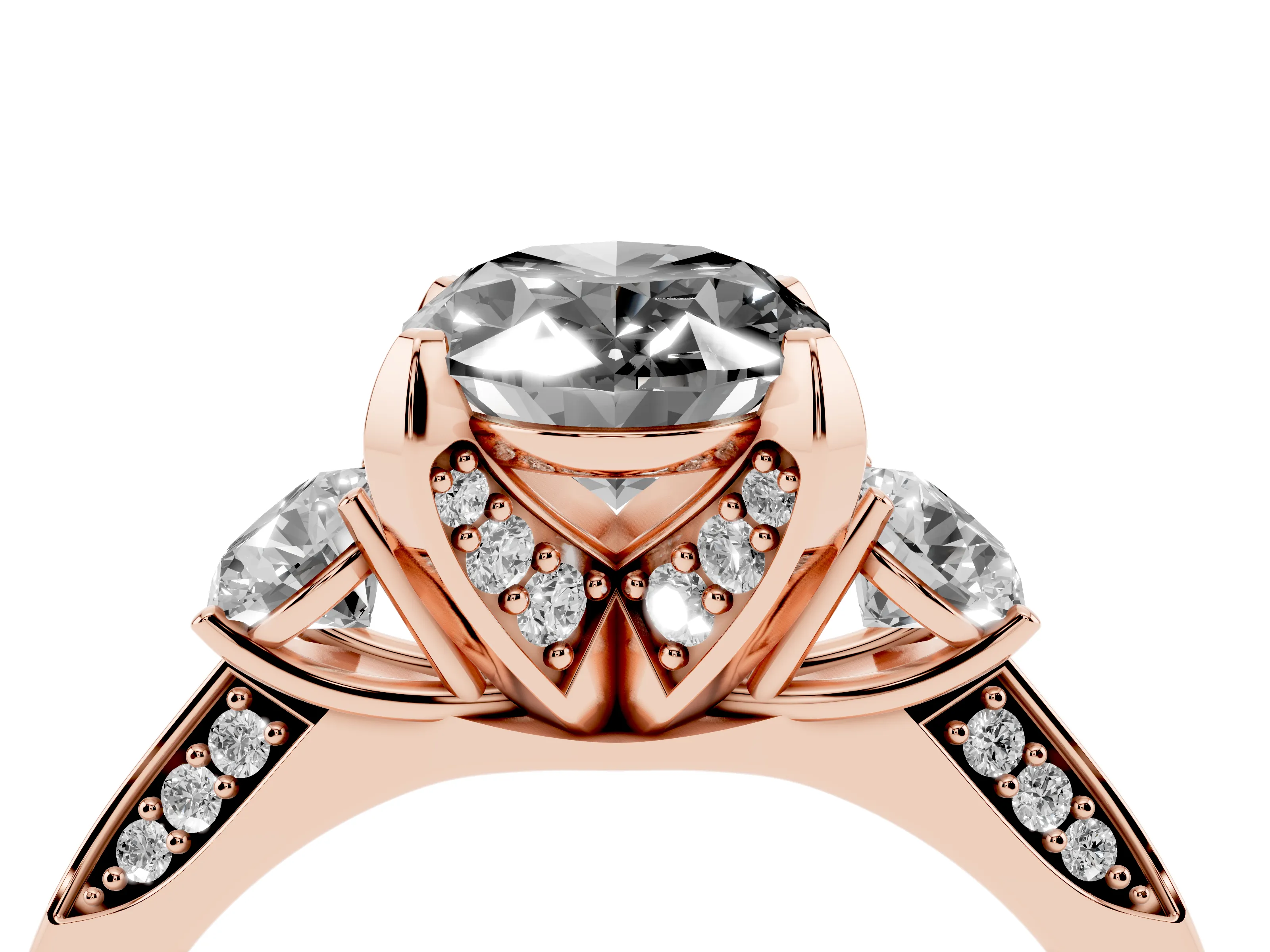 Fancy Black Oval Cut Diamond Three-Stone Ring Set in Rose gold with Pavé Band and Smaller Side Stones