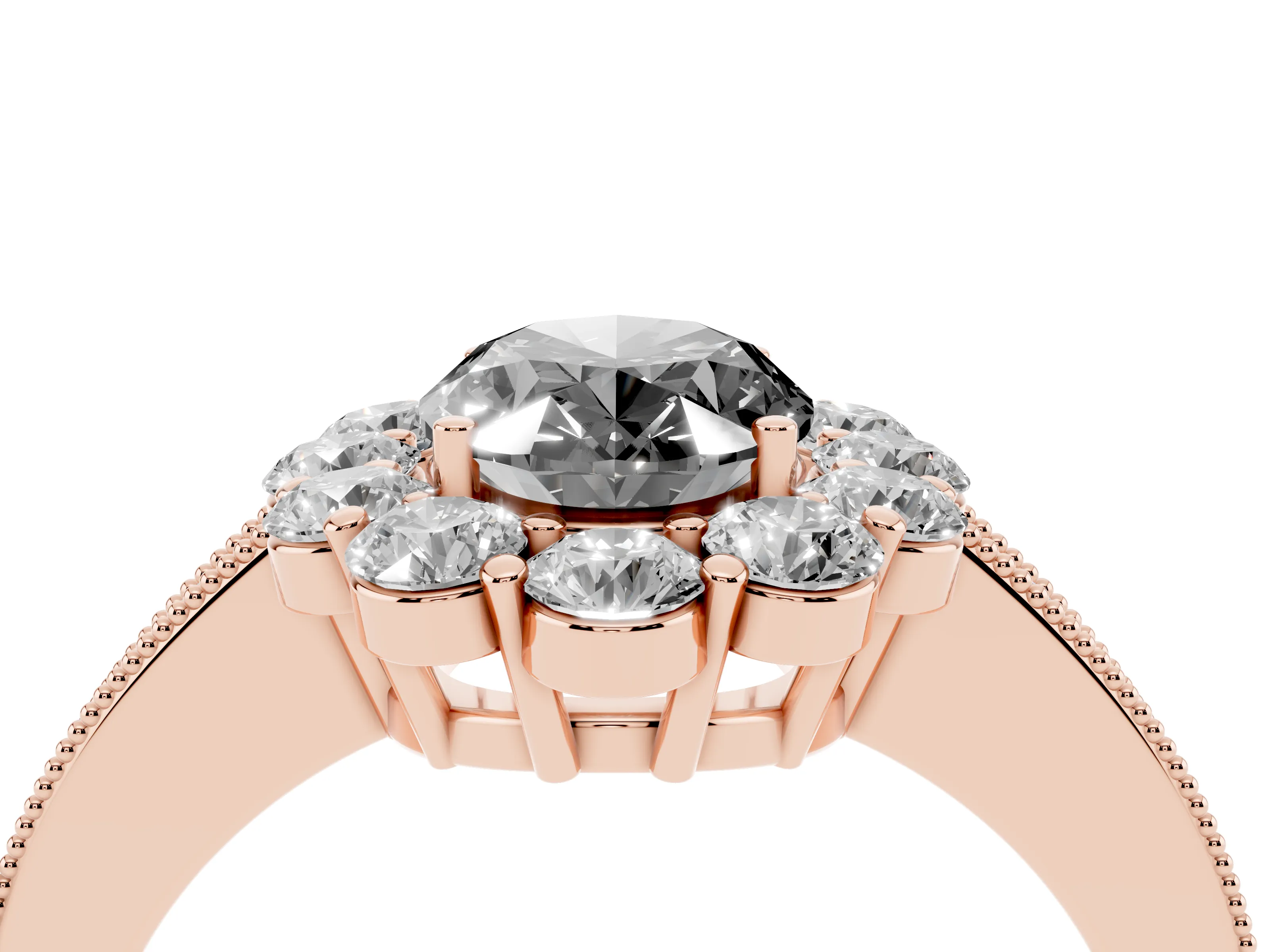 Fancy Black Oval Cut Diamond Halo Pavé Engagement Ring Set in Rose gold with Milgrain Detailing