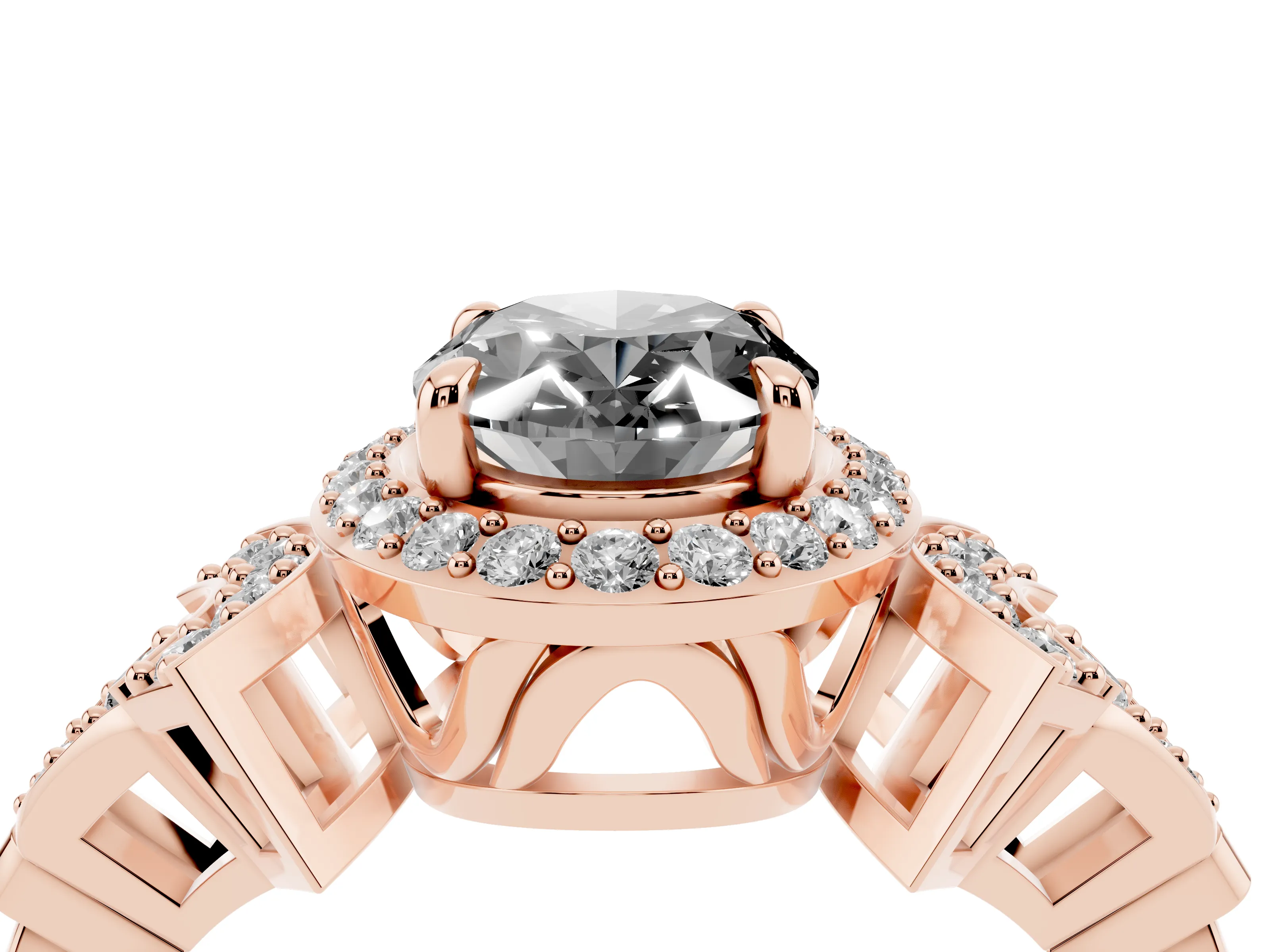 Fancy Black Oval Cut Diamond Halo Engagement Ring Set in Rose gold with Accent Stone Split Shank