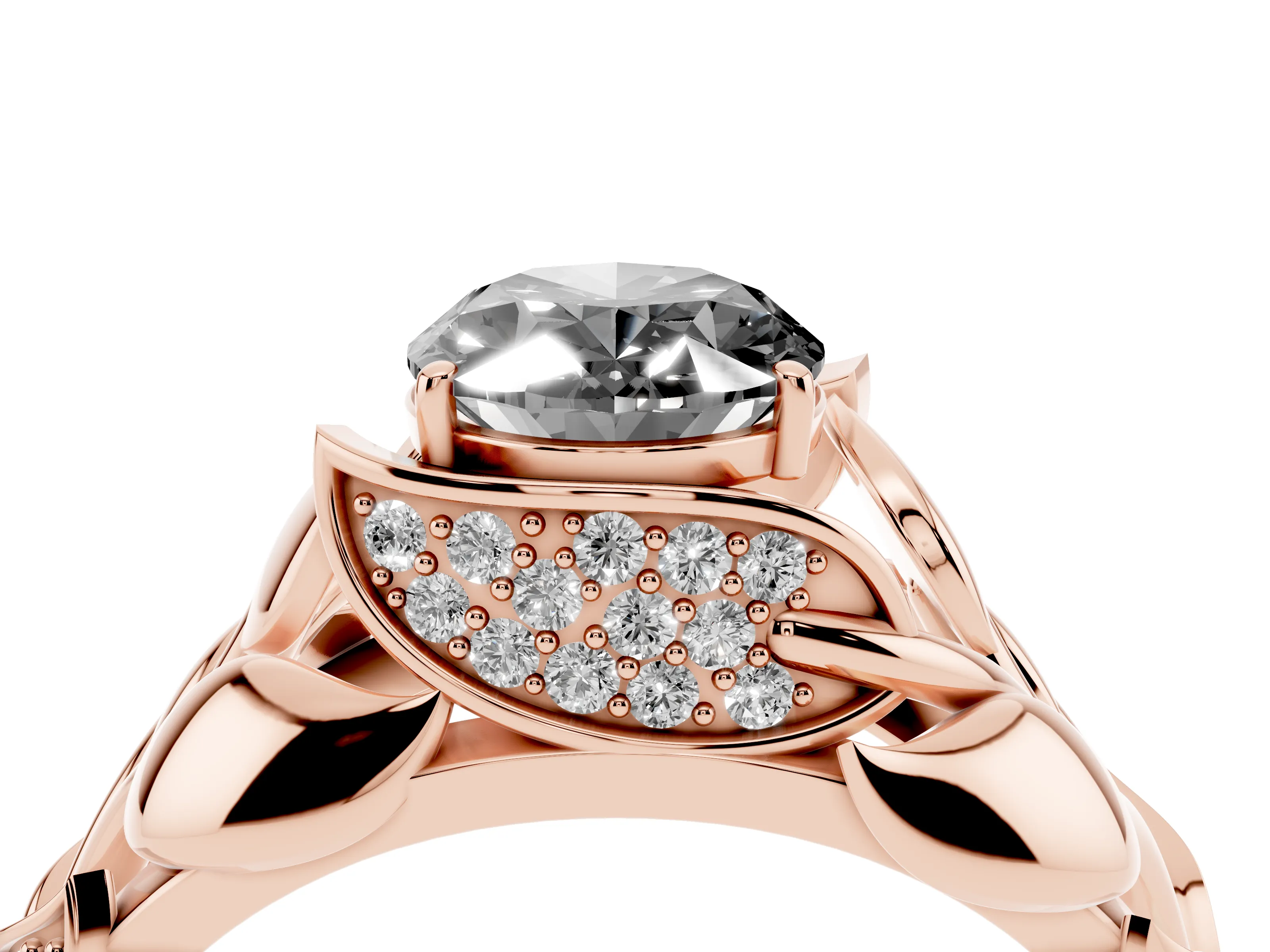 Fancy Black Oval Cut Diamond Leaf-Inspired Engagement Ring Set in Rose gold with Round Accents