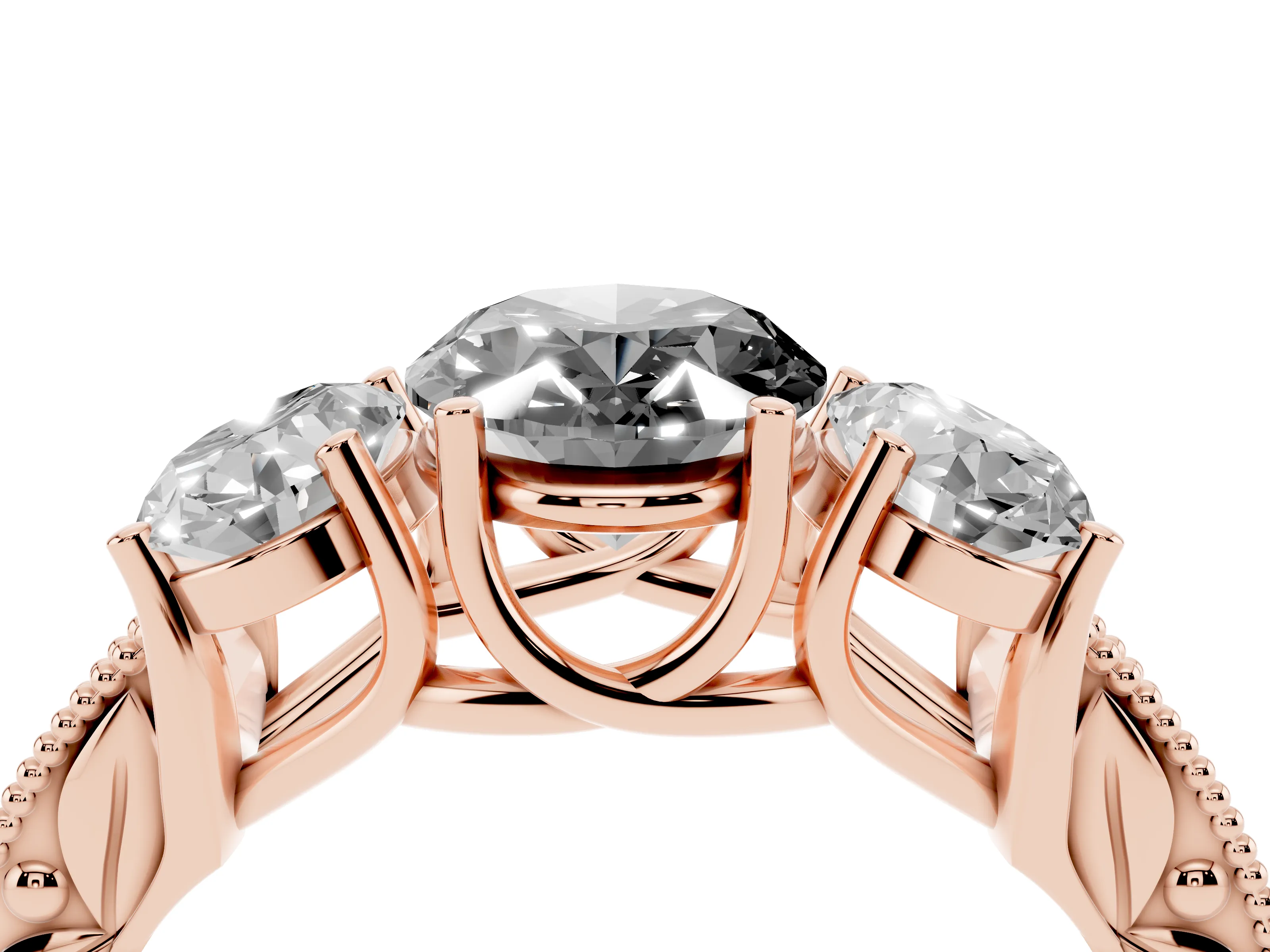 Fancy Black Oval Cut Diamond Three-Stone Engagement Ring Set in Rose gold with Milgrain Pavé Band