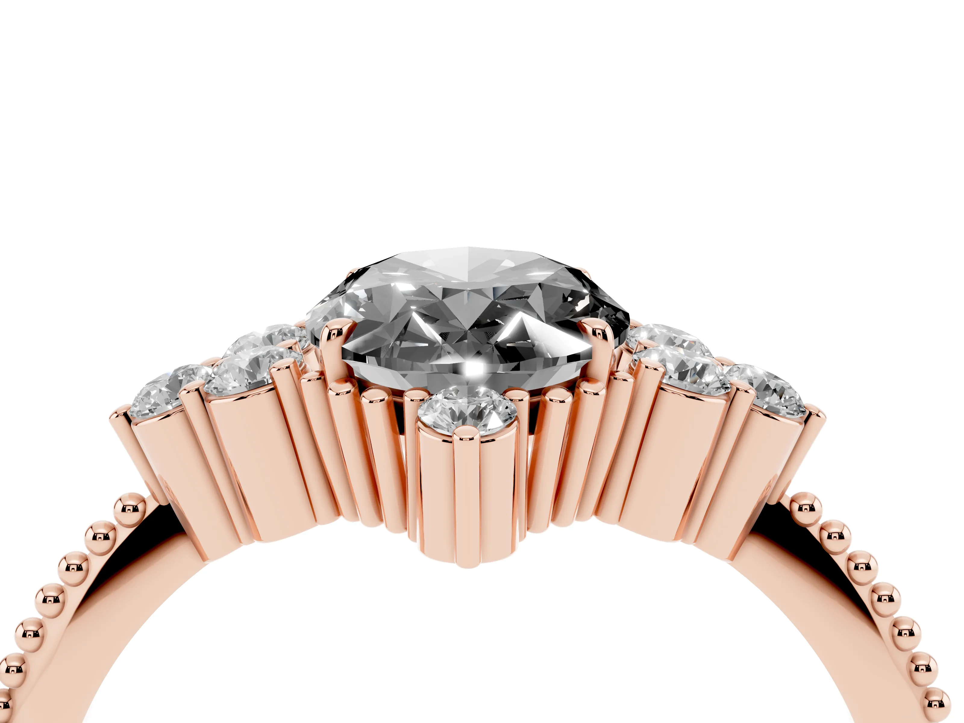 Fancy Black Oval Cut Diamond Cluster Ring Set in Rose gold with Beaded Band