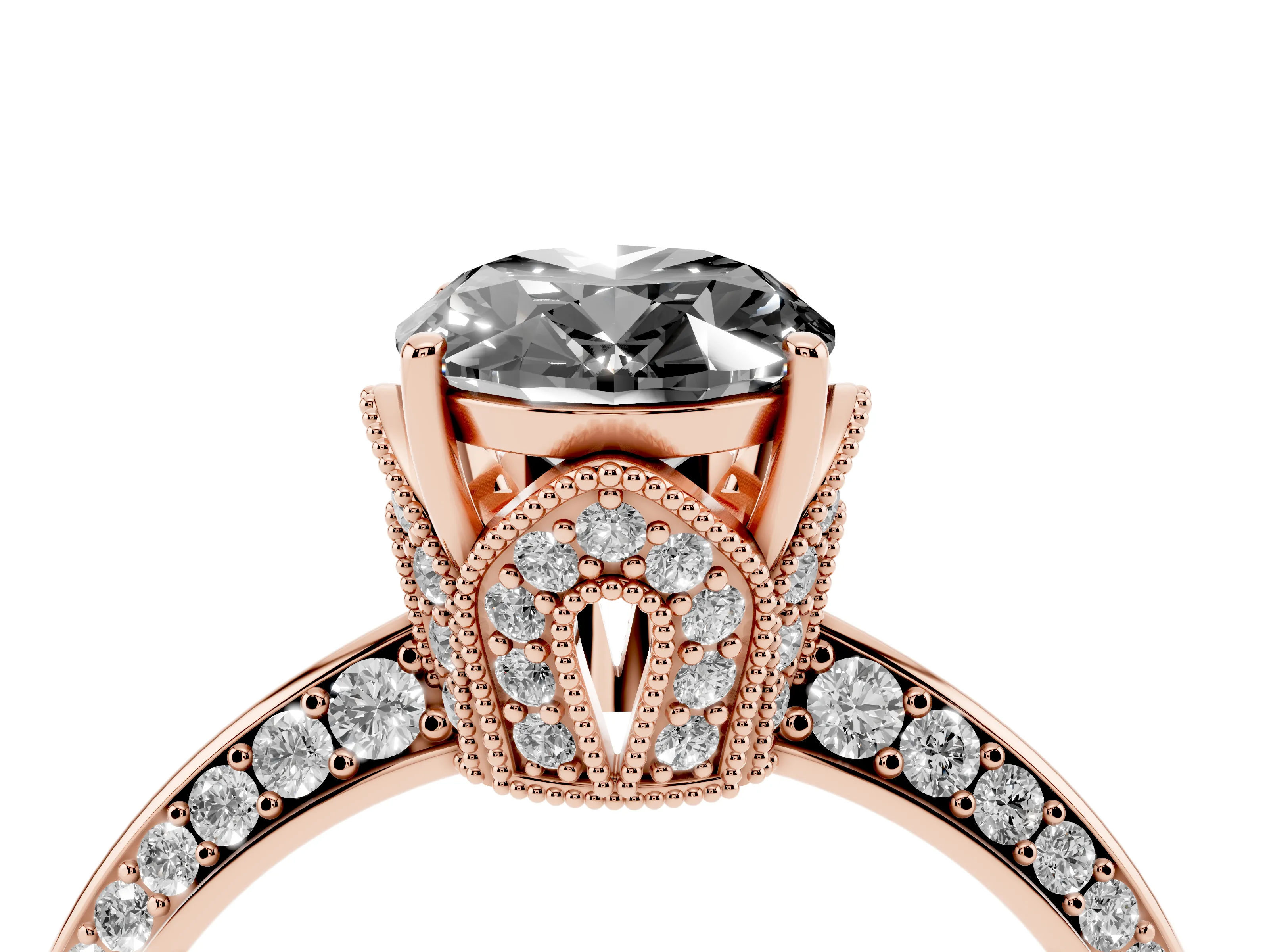 Fancy Black Oval Cut Diamond Solitaire Engagement Ring Set in Rose gold with Pavé Split Shank and Prong Setting