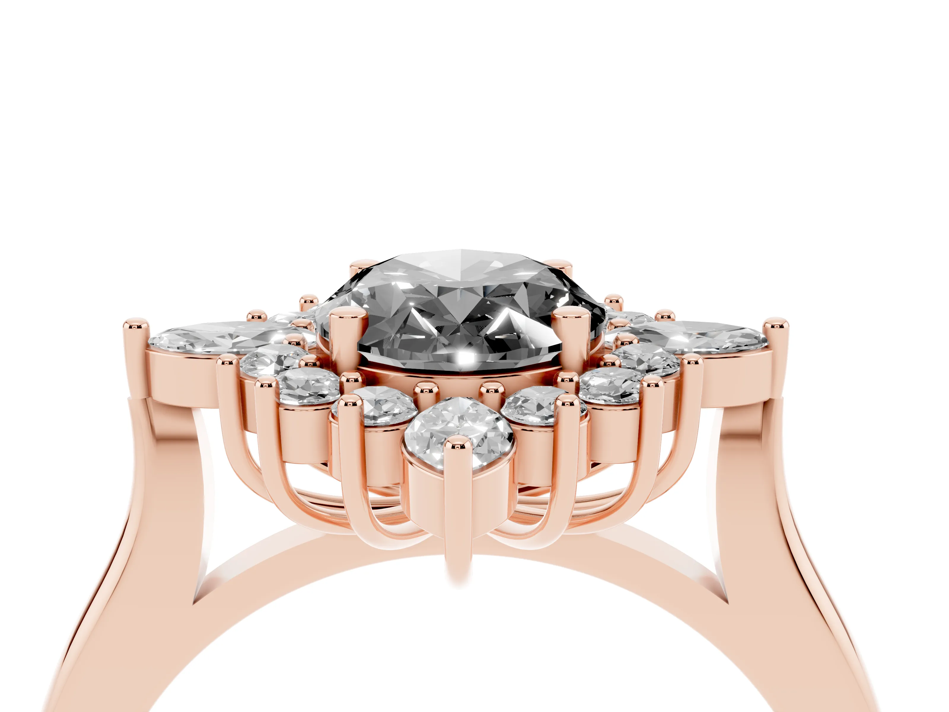 Fancy Black Oval Cut Diamond Cluster Halo Ring Set in Rose gold with Marquise and Round Accents