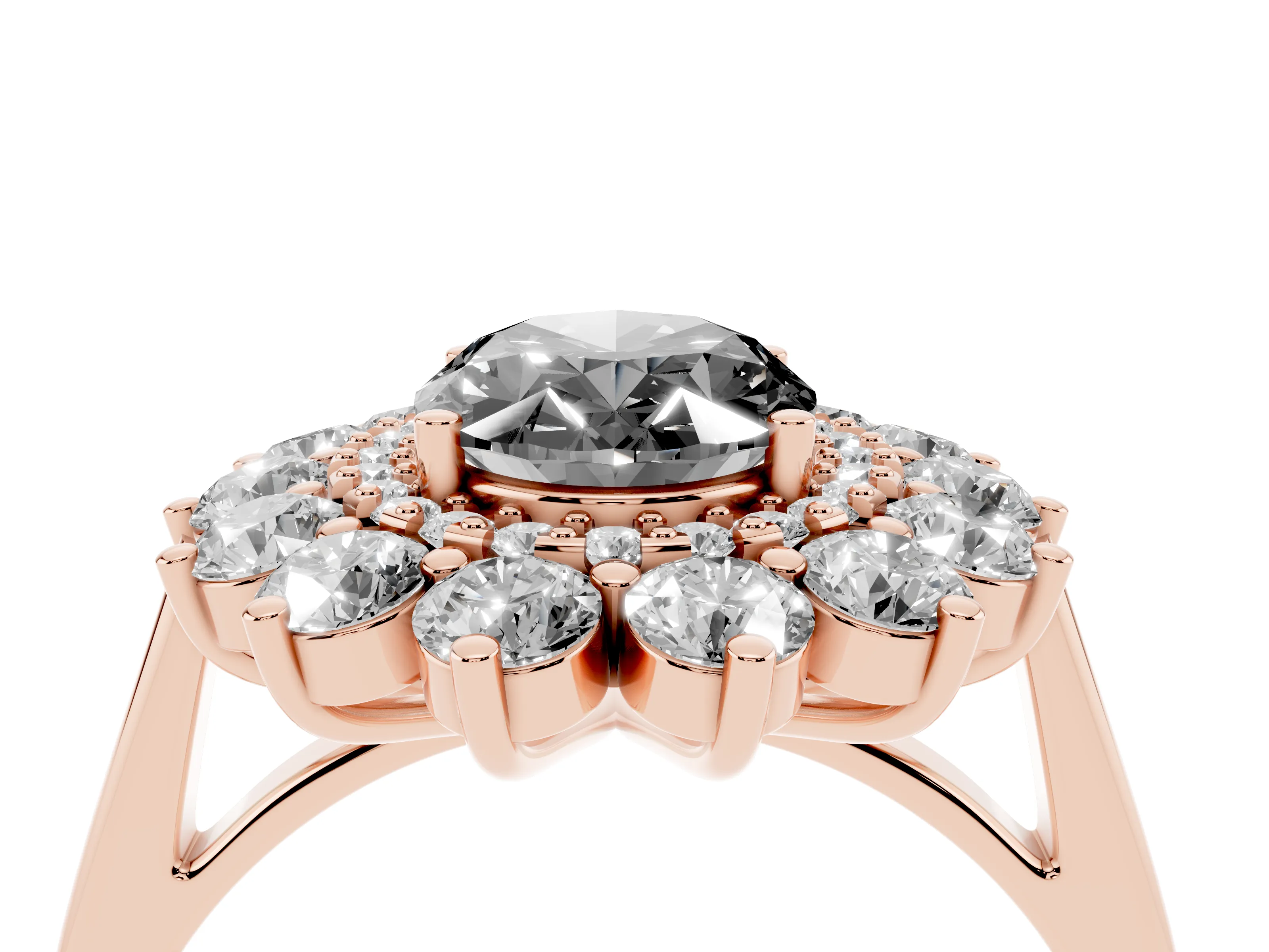 Fancy Black Oval Cut Diamond Floral Double Halo Ring Set in Rose gold with Round Petals