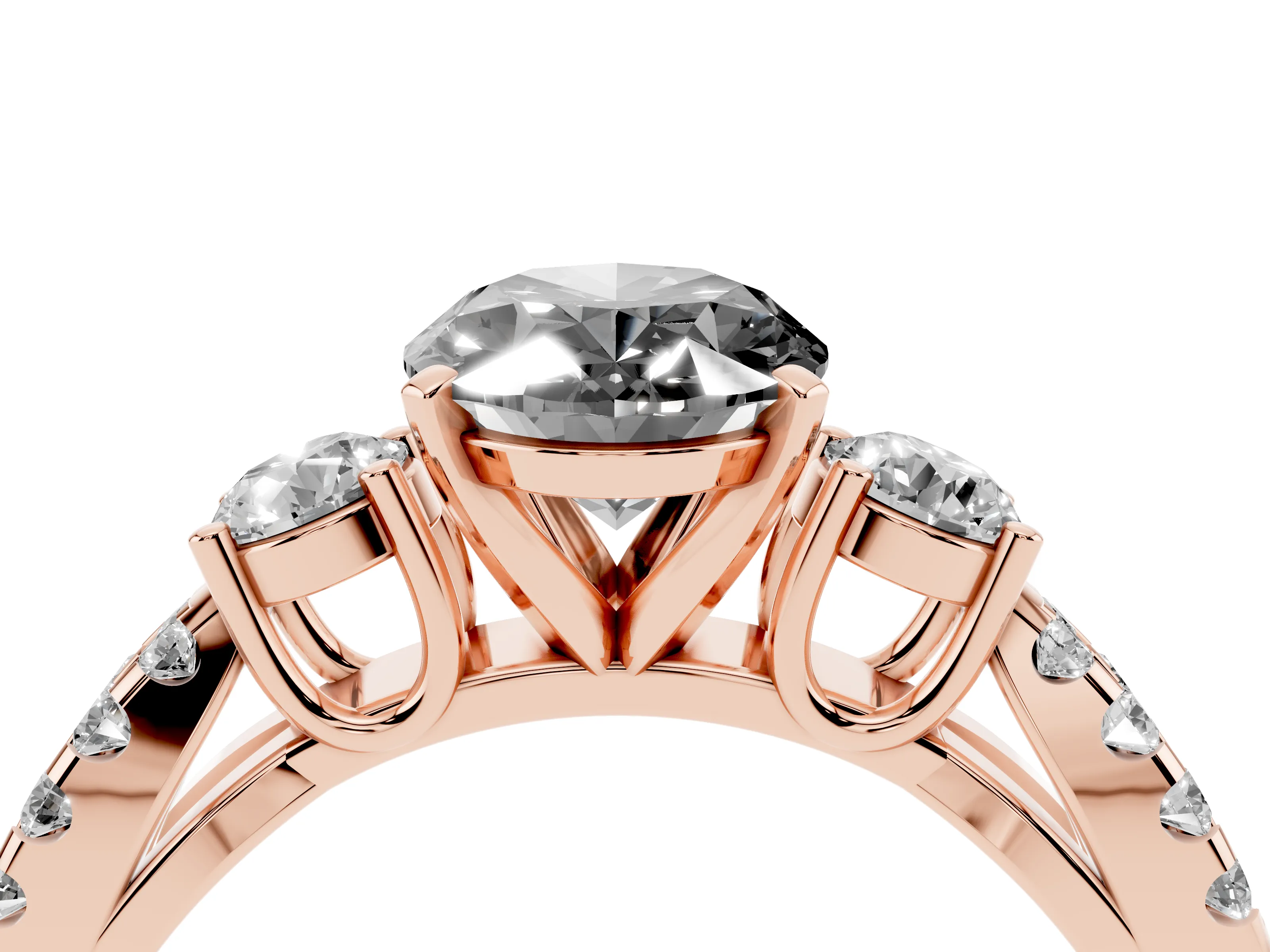 Fancy Black Oval Cut Diamond Three-Stone Ring Set in Rose gold with Pavé Split Shank and Prong Setting