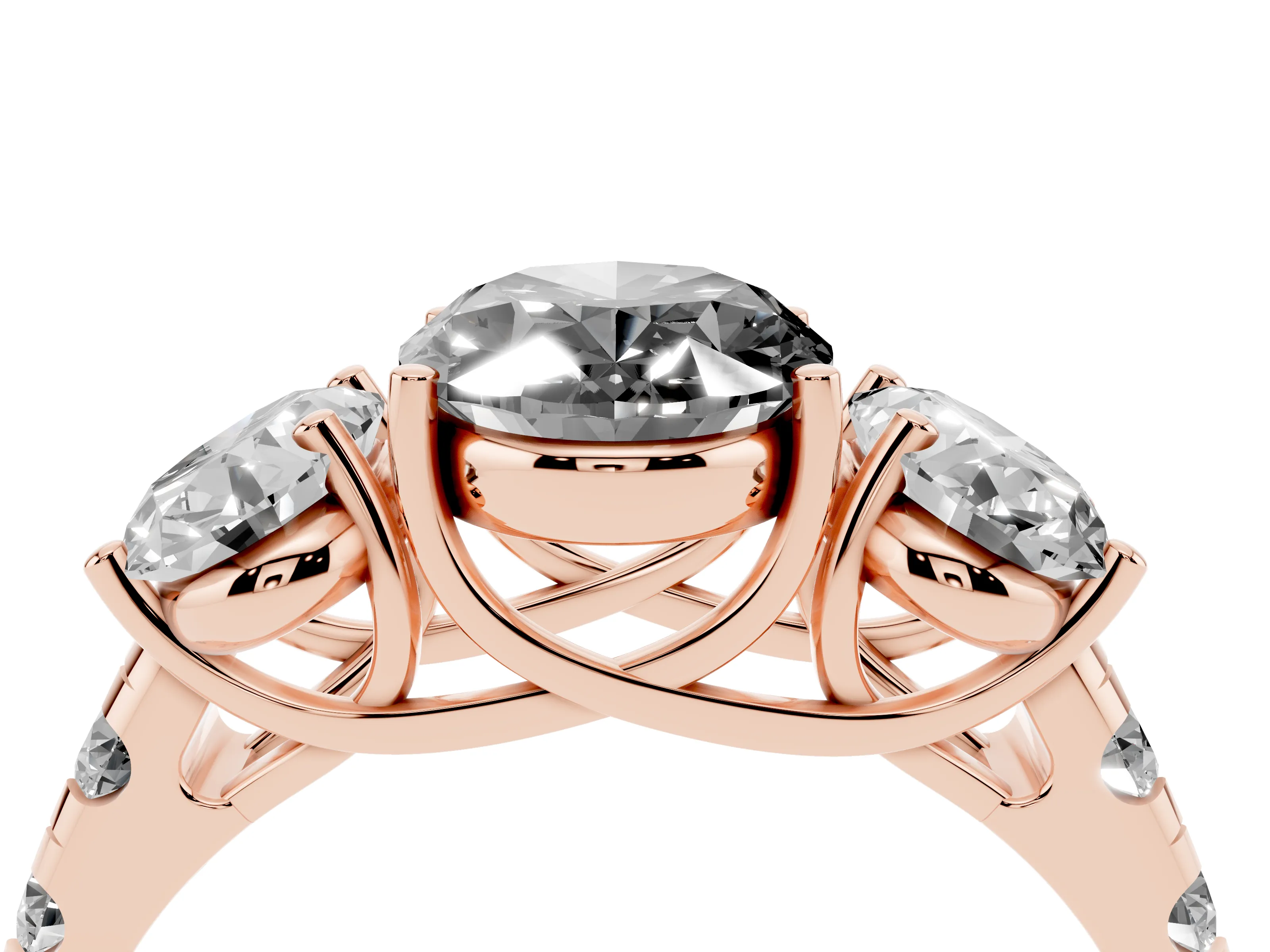 Fancy Black Oval Cut Diamond Three-Stone Ring Set in Rose gold with Pavé Band