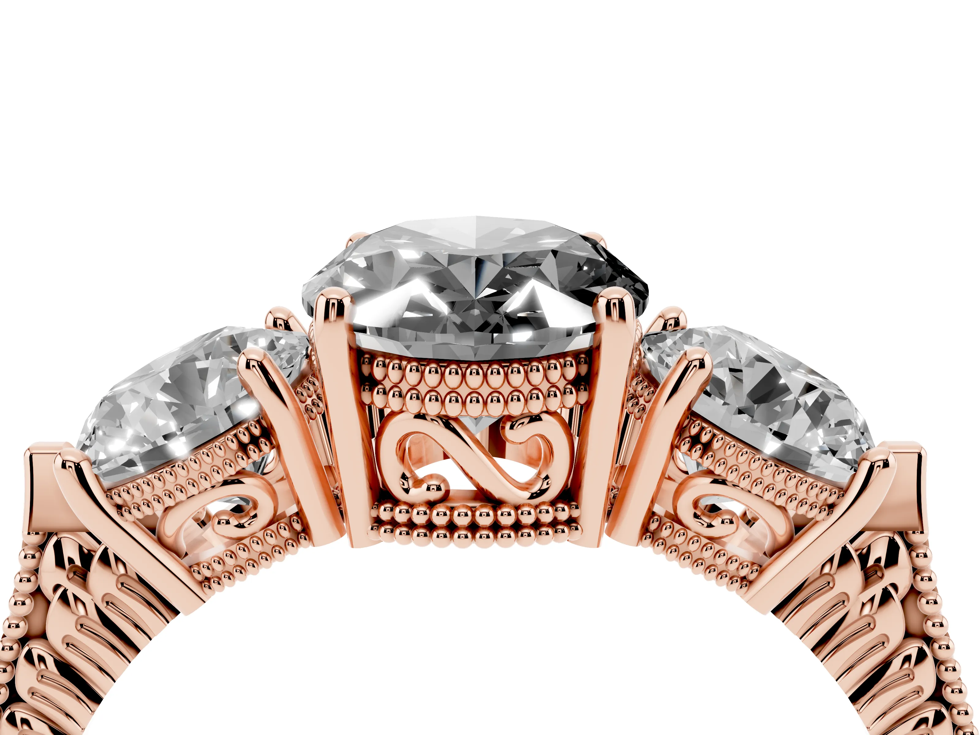 Fancy Black Oval Cut Diamond Three-Stone Ring Set in Rose gold with Milgrain Band