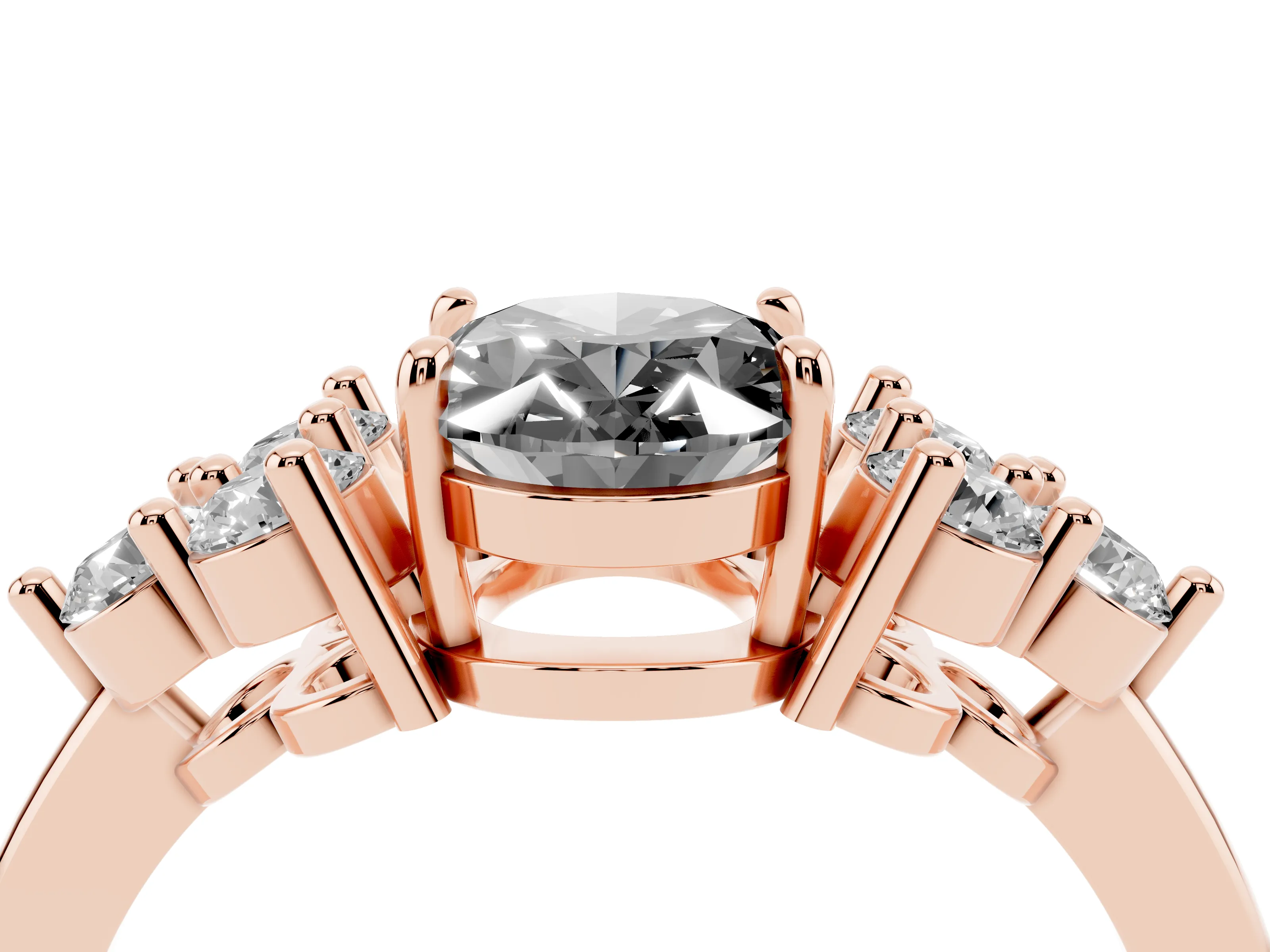 Fancy Black Oval Cut Diamond Solitaire Ring Set in Rose gold with Cluster Accents on Each Side