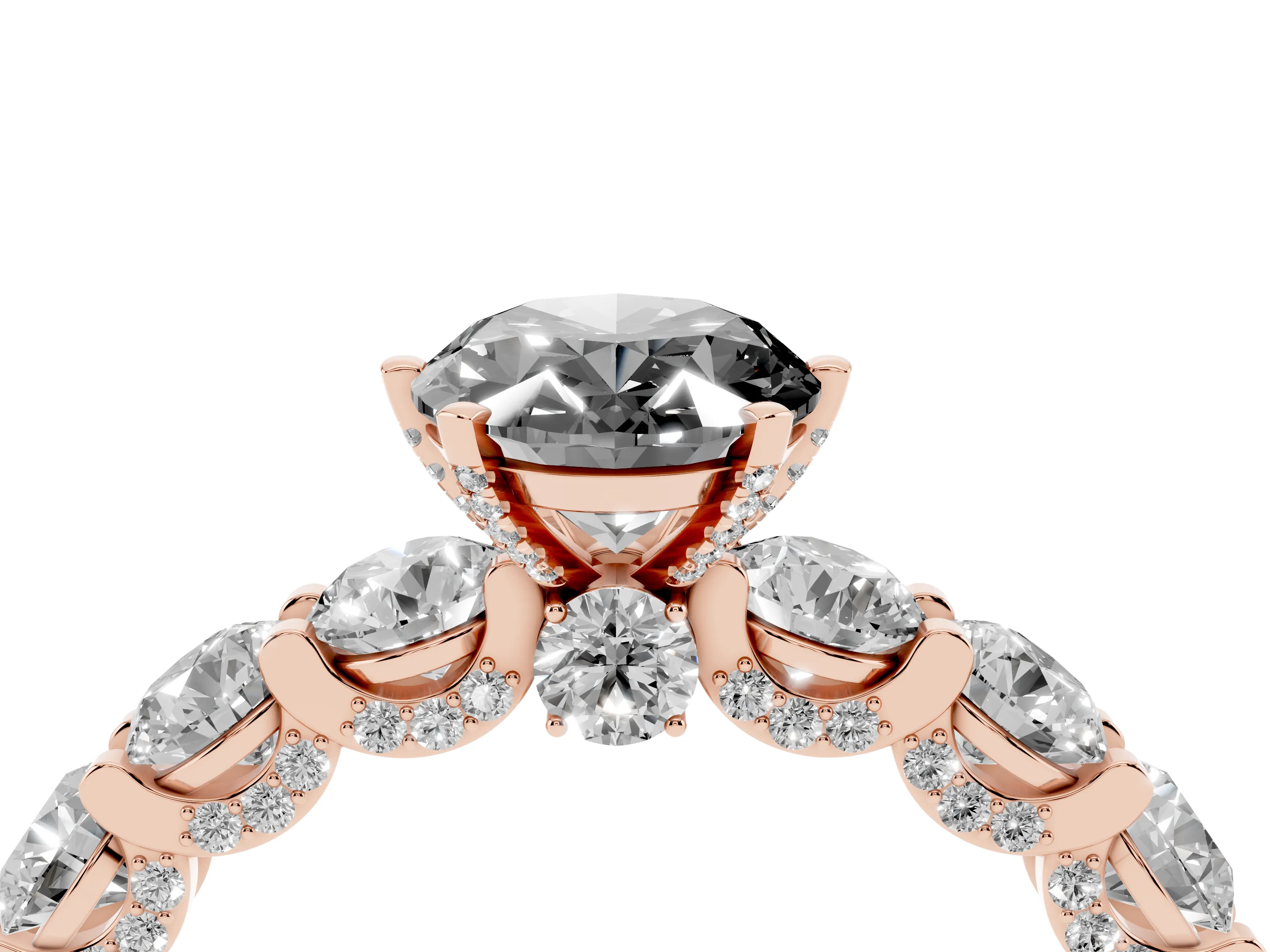 Fancy Black Oval Cut Diamond Side Stone Ring Set in Rose gold with Alternating Round and Oval Side Stones