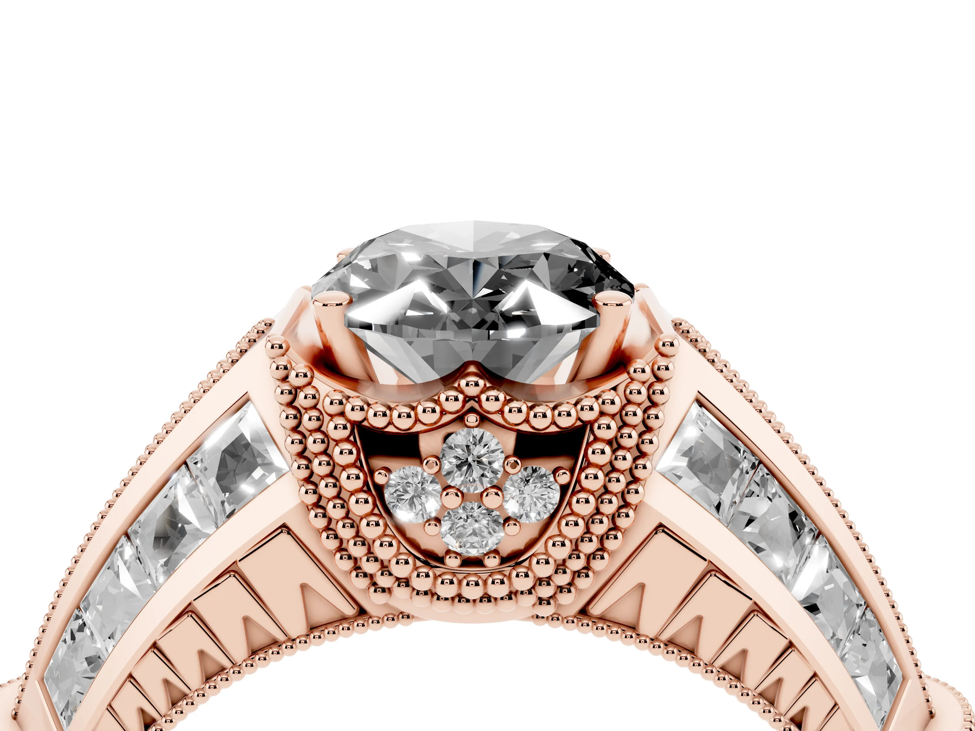 Fancy Black Oval Cut Diamond Vintage-Inspired Milgrain Ring Set in Rose gold with Accent Split Shank