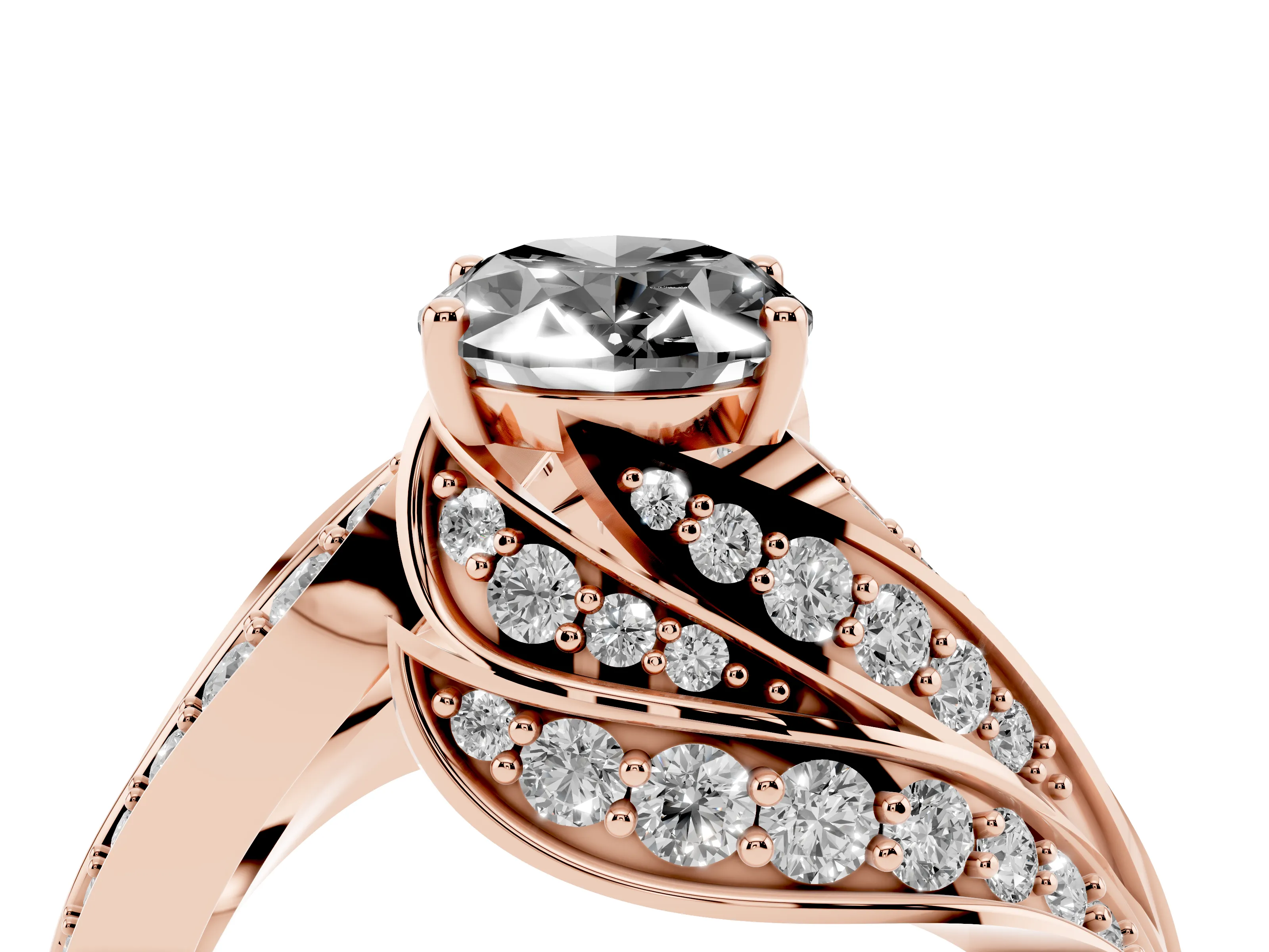 Fancy Black Oval Cut Diamond Solitaire Ring Set in Rose gold with Layered Twist Pavé Band