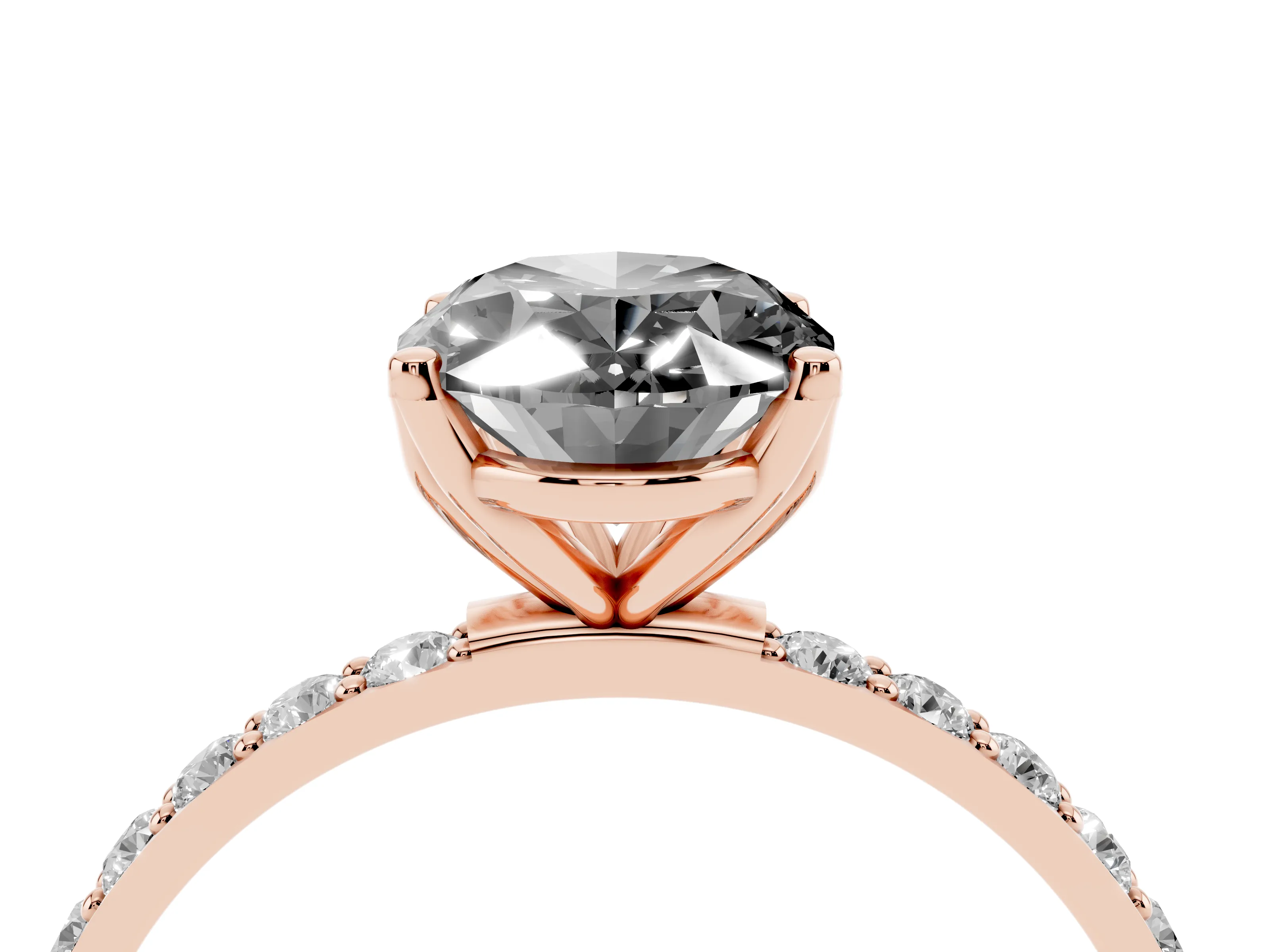 Fancy Black Oval Cut Diamond Solitaire Engagement Ring Set in Rose gold with Round Pavé Band and Prong Setting