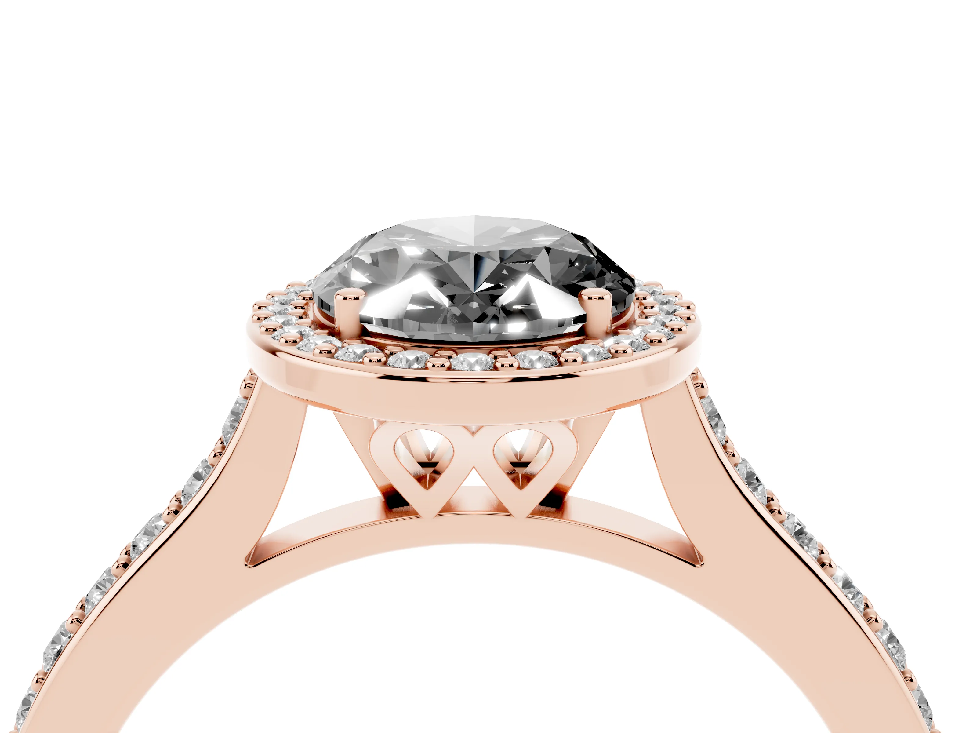Fancy Black Oval Cut Diamond Halo Engagement Ring Set in Rose gold with Round Pavé Shoulders and Heart Gallery