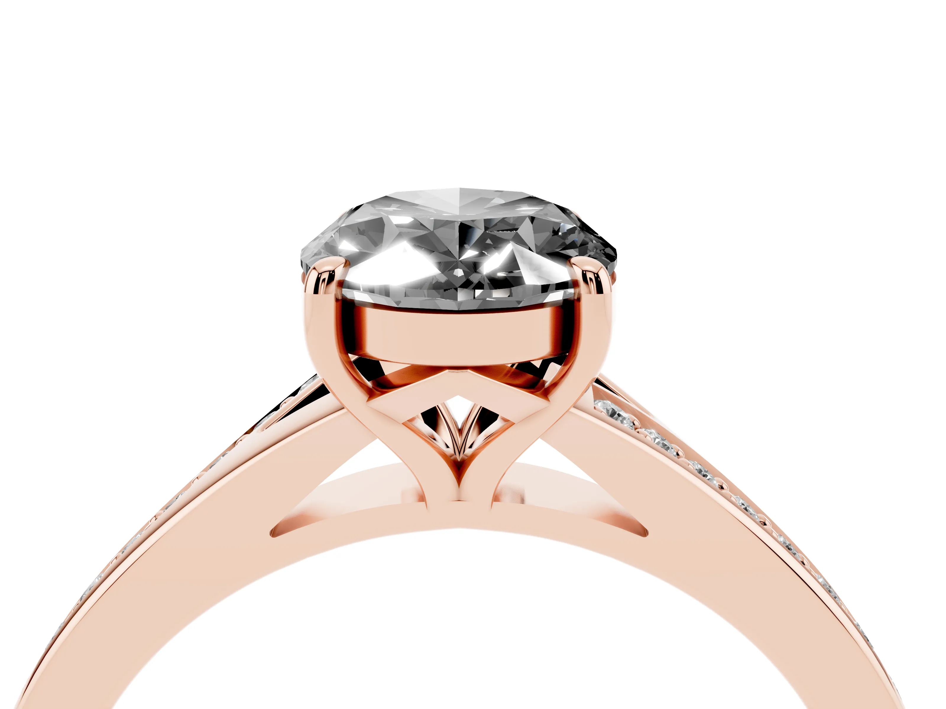 Fancy Black Oval Cut Diamond Solitaire Ring Set in Rose gold with Pavé Accent Band and Classic Prong Setting