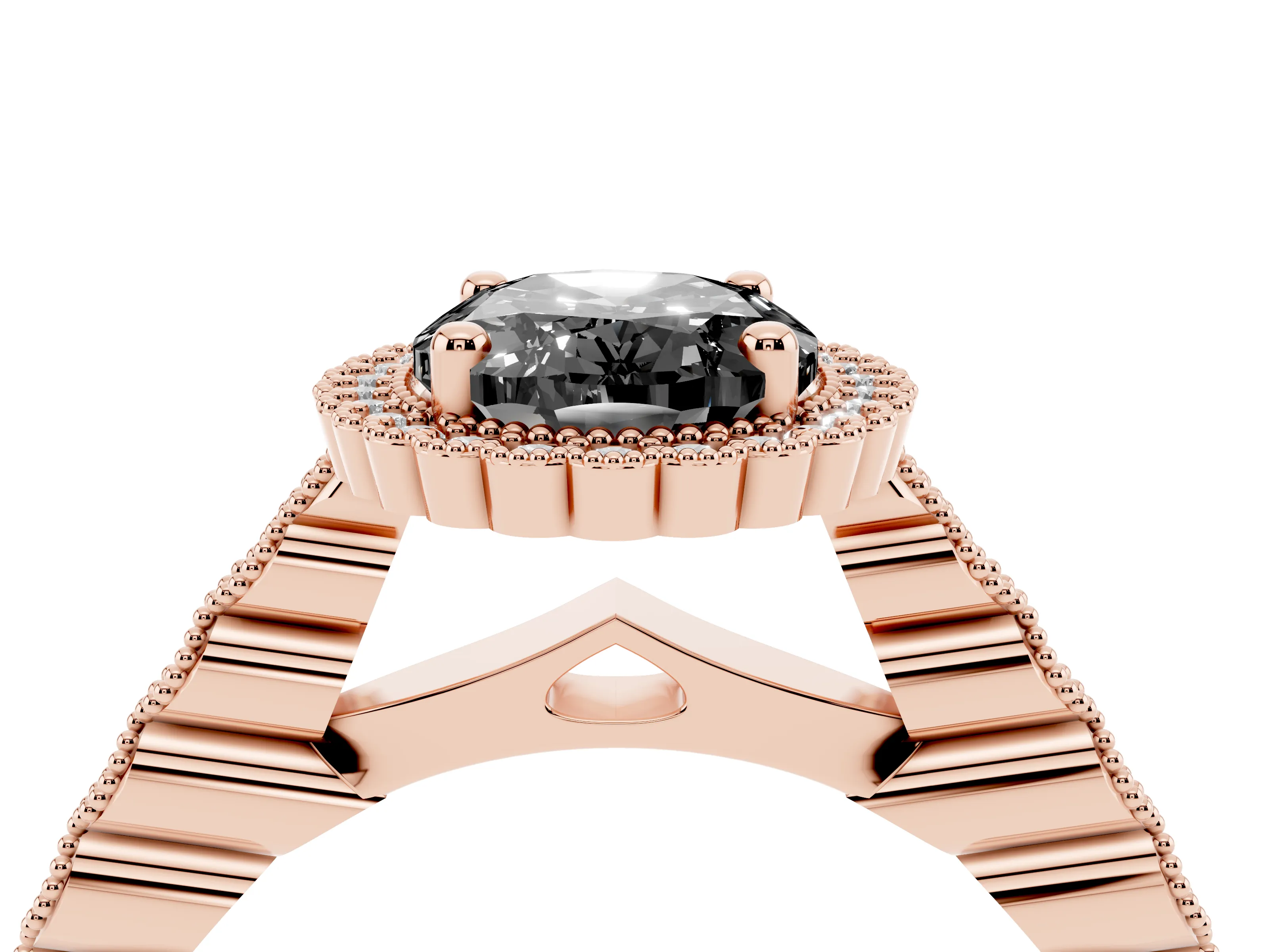 Fancy Black Oval Cut Diamond Halo Ring Set in Rose gold with Pavé Milgrain Band