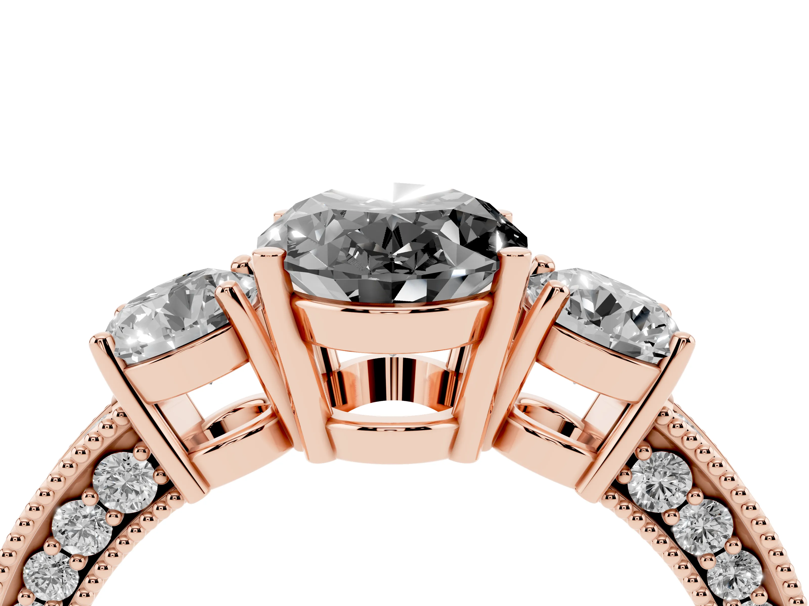 Fancy Black Oval Cut Diamond Three-Stone Ring Set in Rose gold with Round Side Stones and Pavé Band