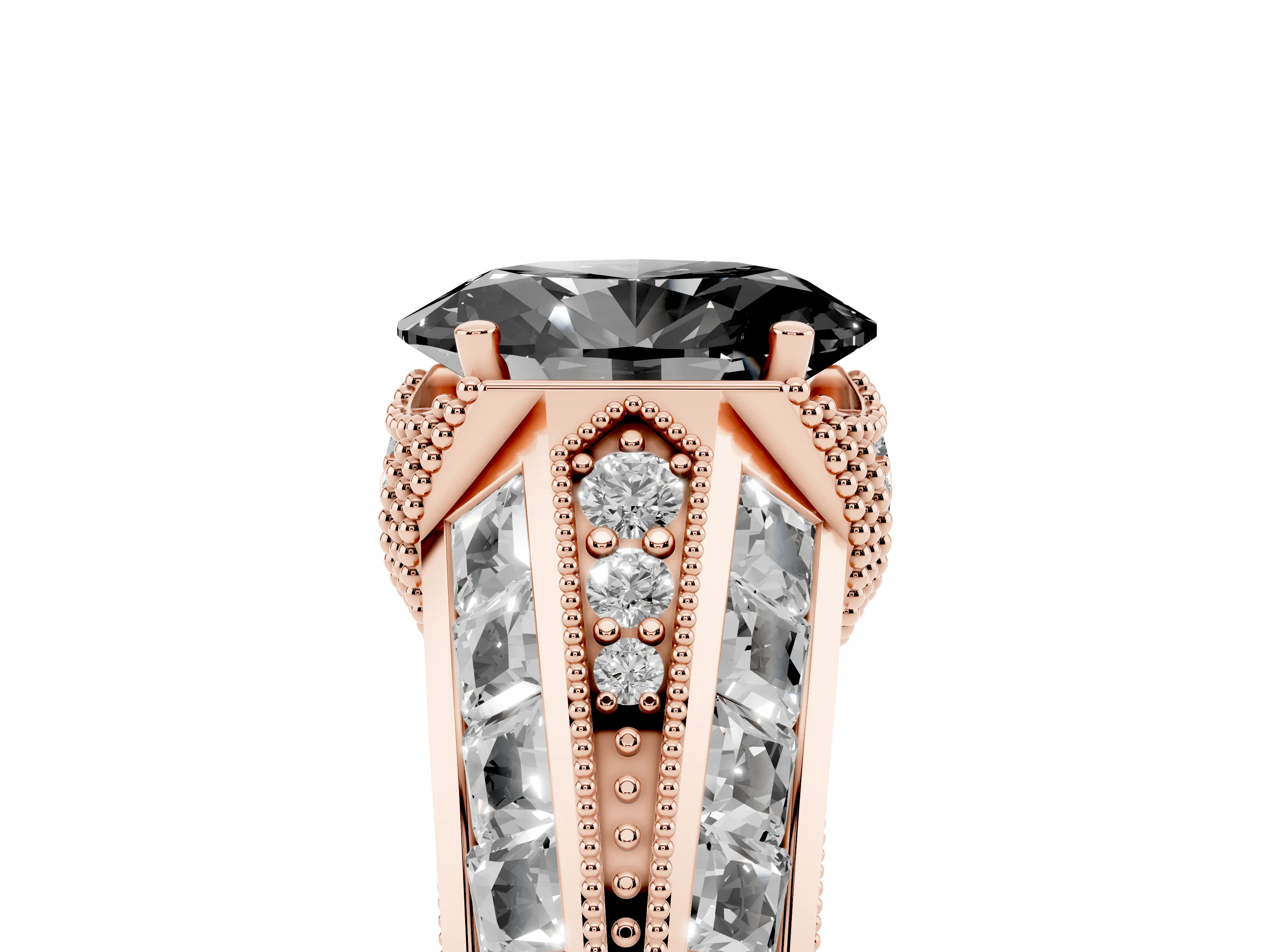Fancy Black Oval Cut Diamond Vintage-Inspired Milgrain Ring Set in Rose gold with Accent Split Shank