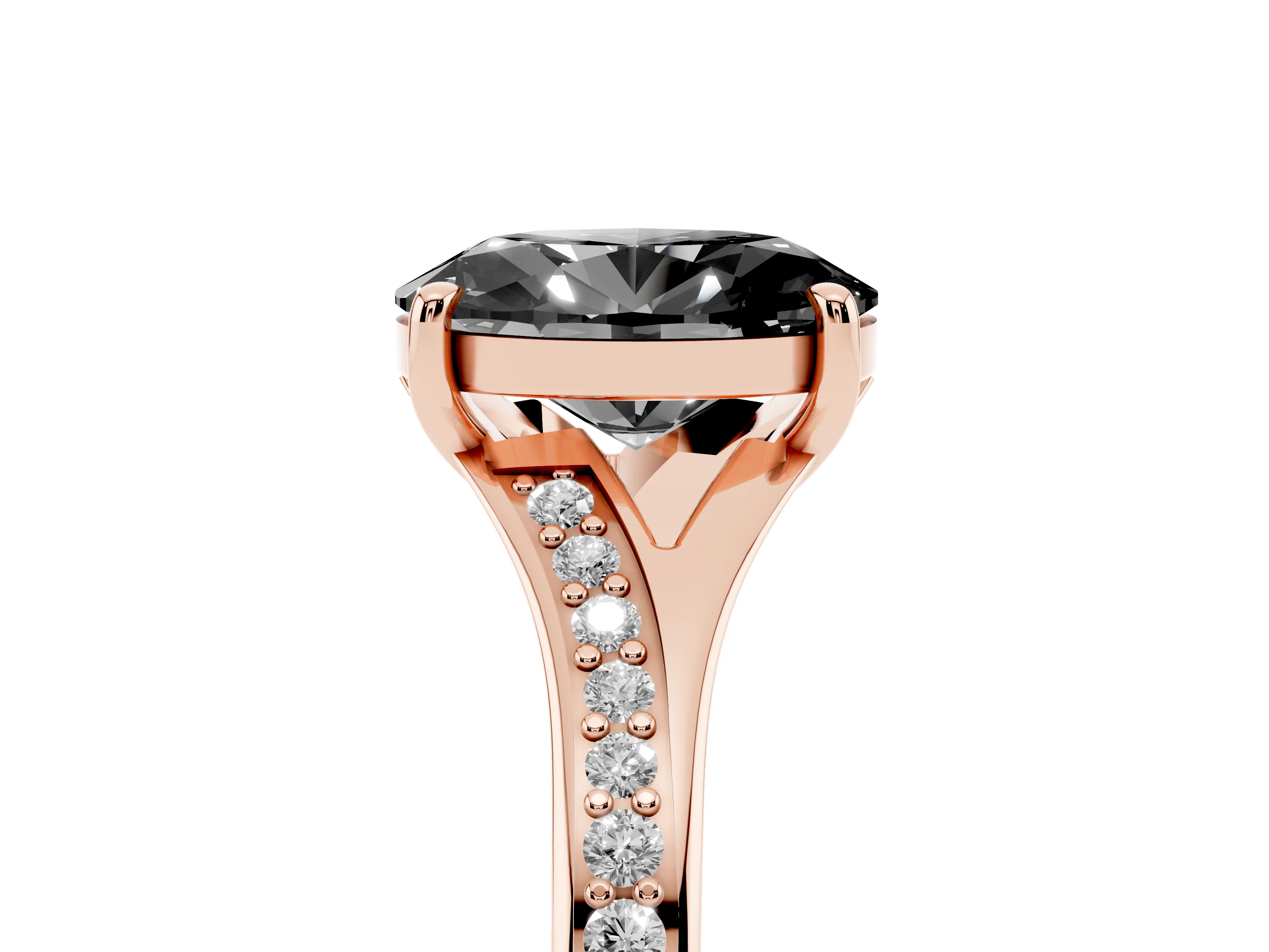 Fancy Black Oval Cut Diamond Solitaire Ring Set in Rose gold with Pavé Accent Band and Classic Prong Setting