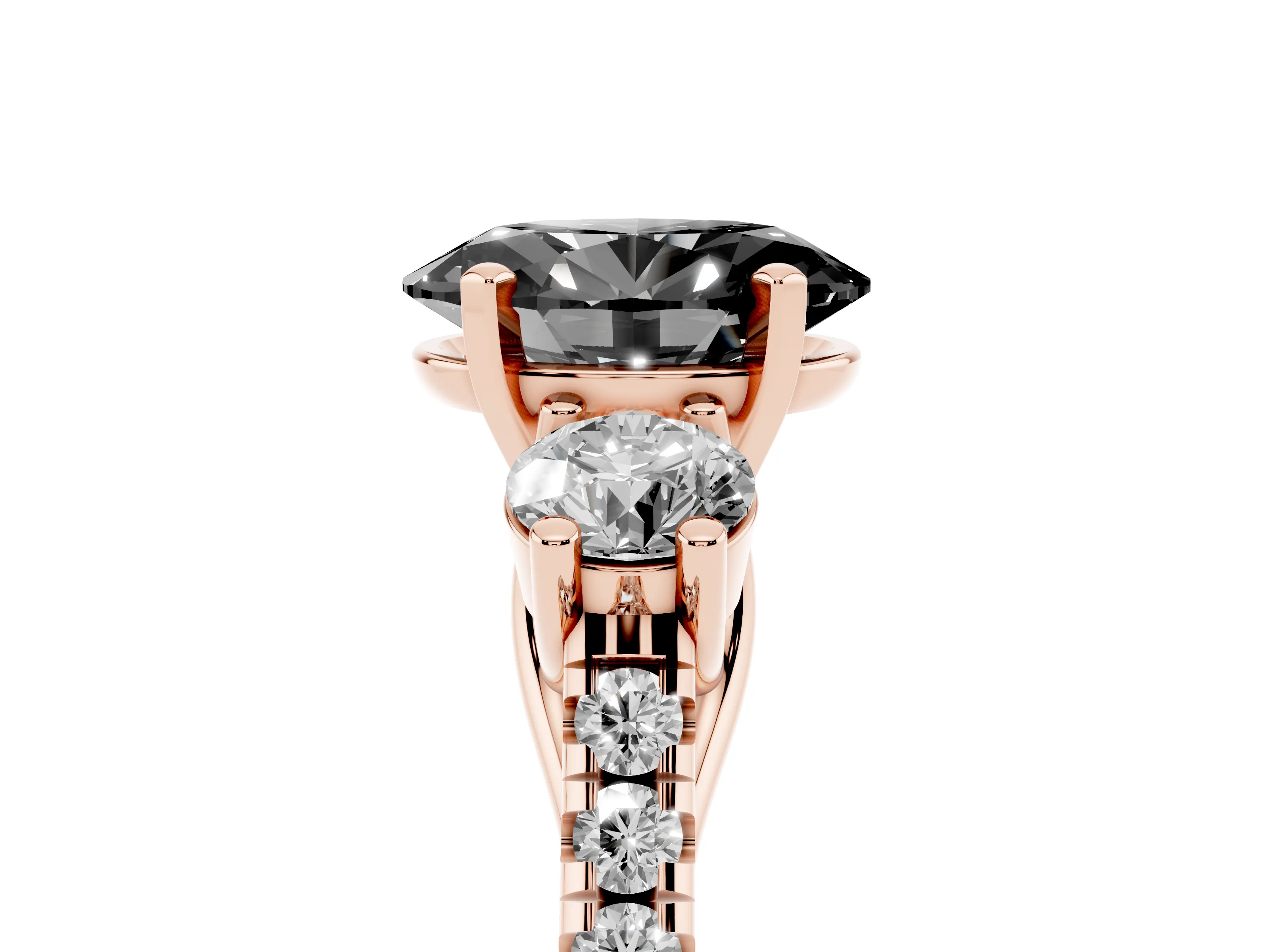 Fancy Black Three-Stone Oval Cut Diamond Pavé Band Ring Set in Rose gold with Prong-Set Trio