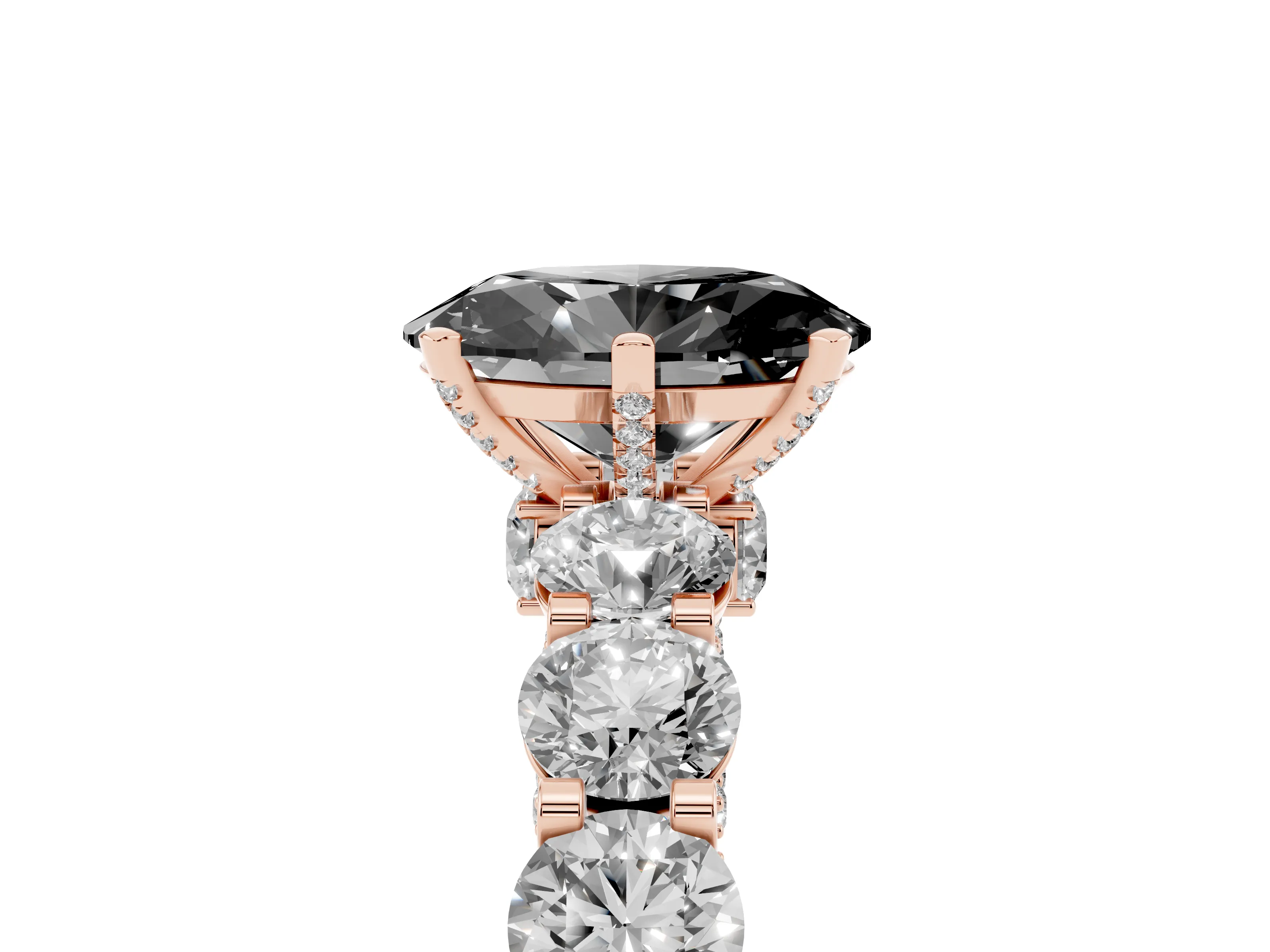 Fancy Black Oval Cut Diamond Side Stone Ring Set in Rose gold with Alternating Round and Oval Side Stones