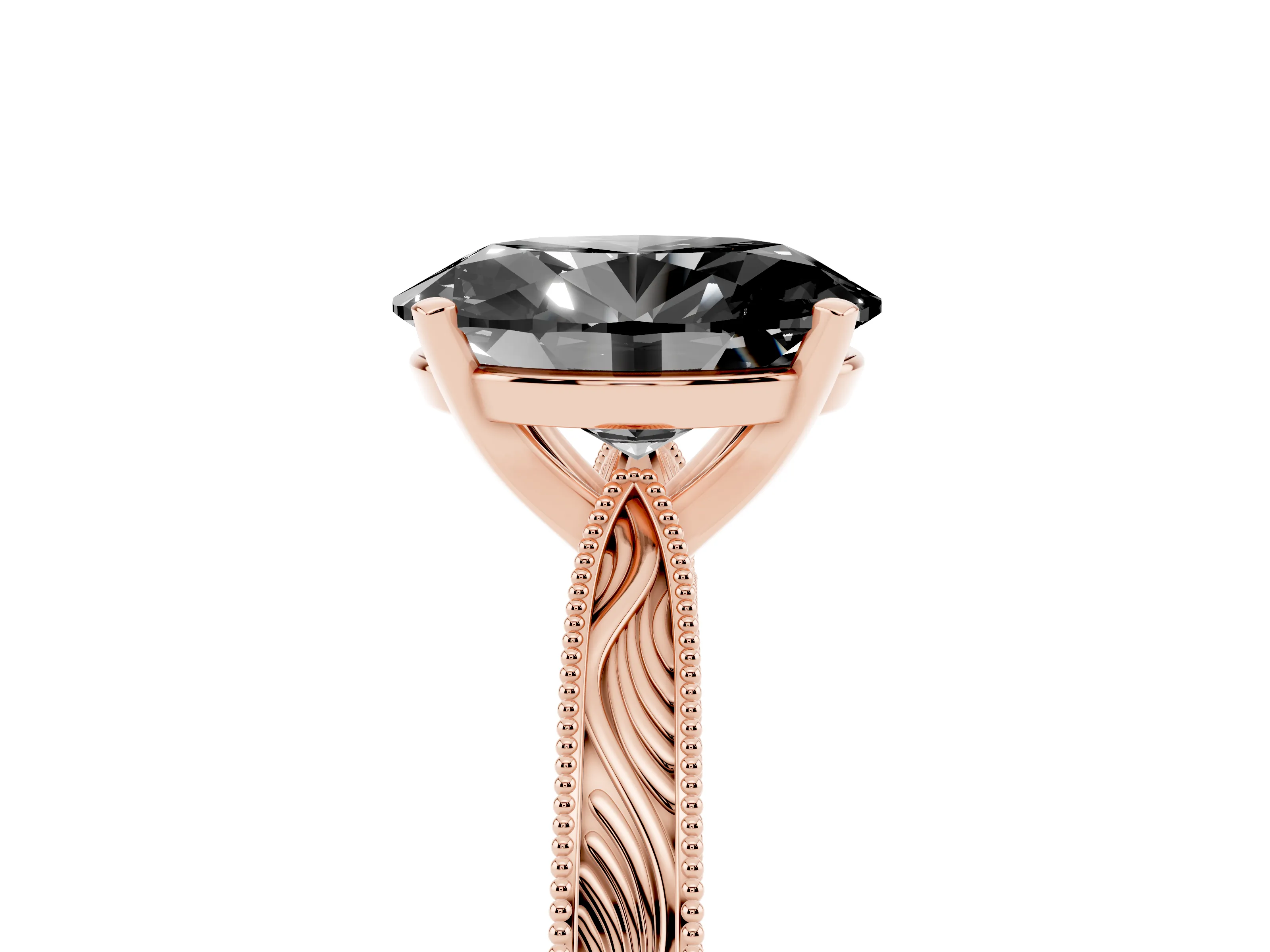 Fancy Black Oval Cut Diamond Solitaire Milgrain Engraved Band Set in Rose gold with Prong Setting