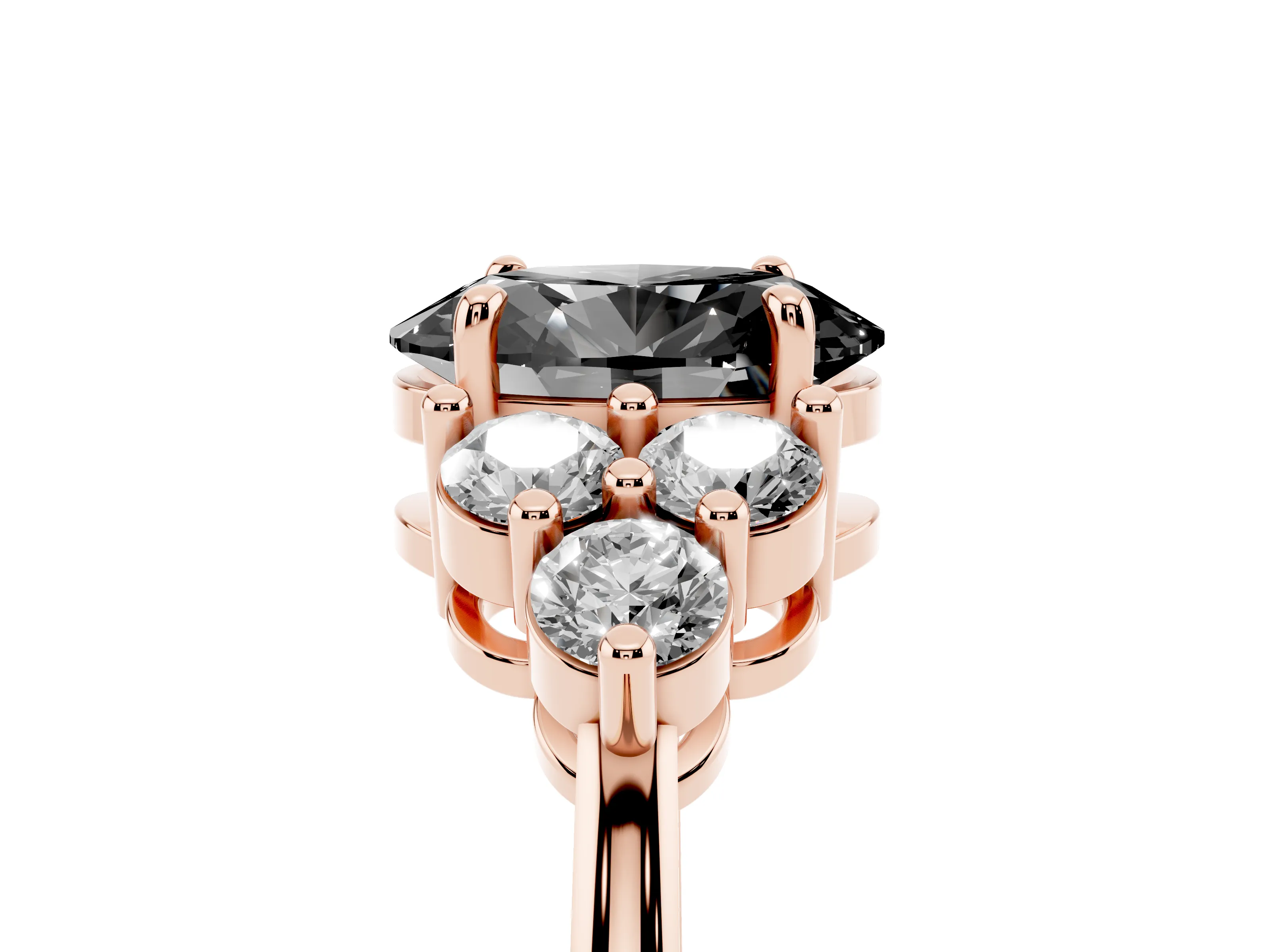 Fancy Black Oval Cut Diamond Solitaire Ring Set in Rose gold with Cluster Accents on Each Side