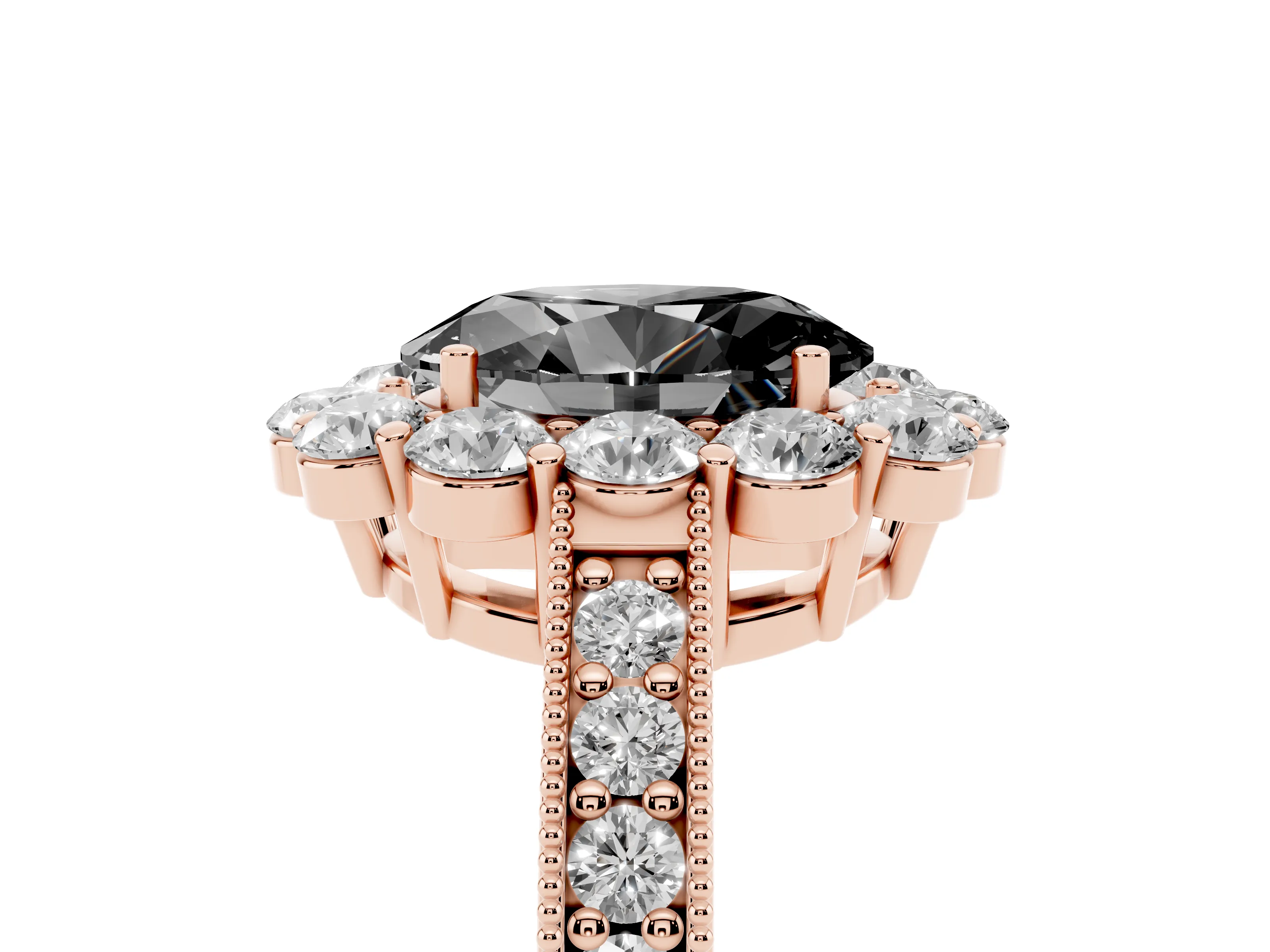 Fancy Black Oval Cut Diamond Halo Pavé Engagement Ring Set in Rose gold with Milgrain Detailing