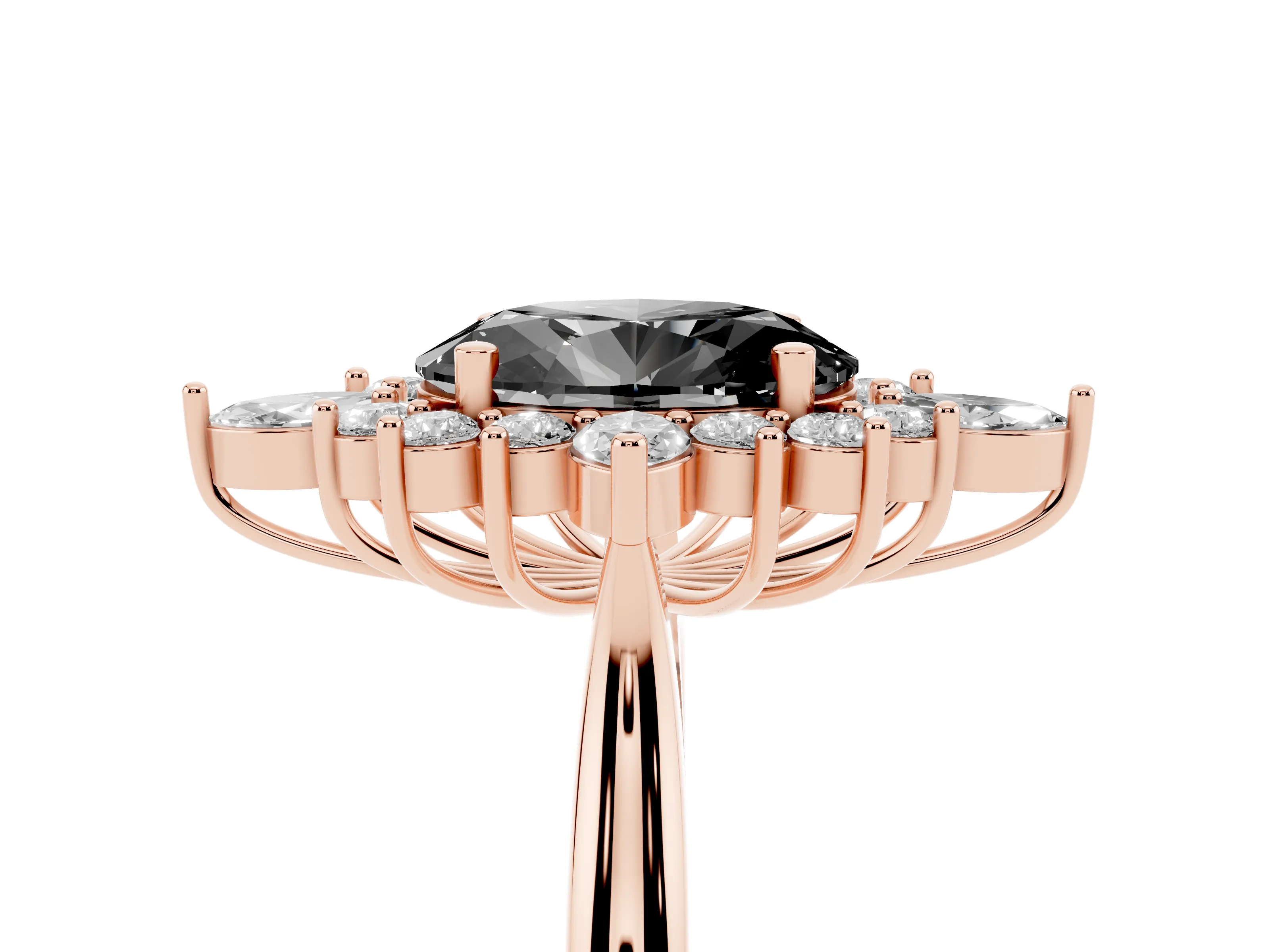 Fancy Black Oval Cut Diamond Cluster Halo Ring Set in Rose gold with Marquise and Round Accents