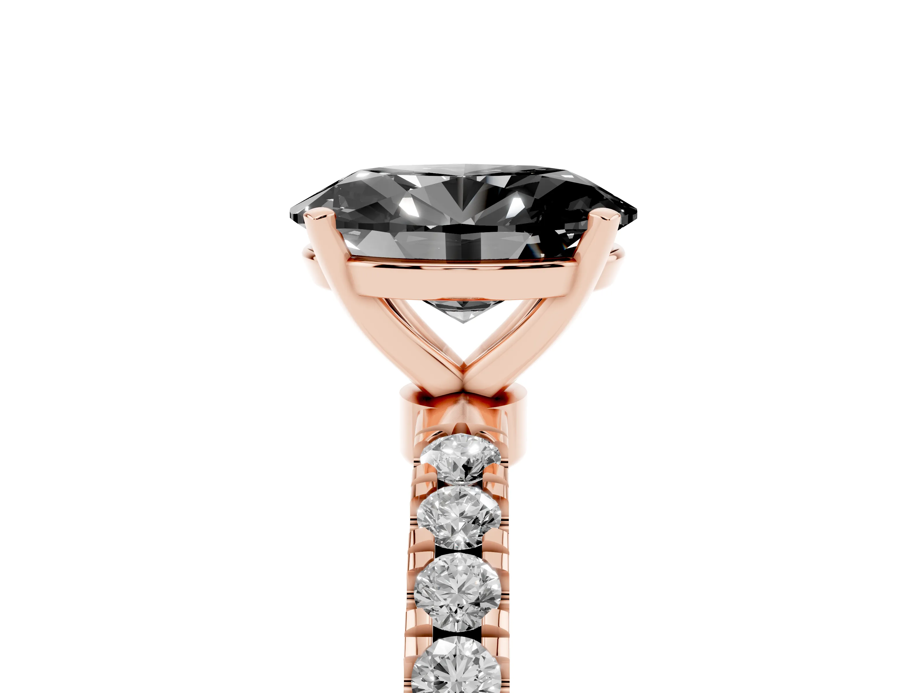 Fancy Black Oval Cut Diamond Solitaire Ring Set in Rose gold with Pavé Accents and Prong Setting