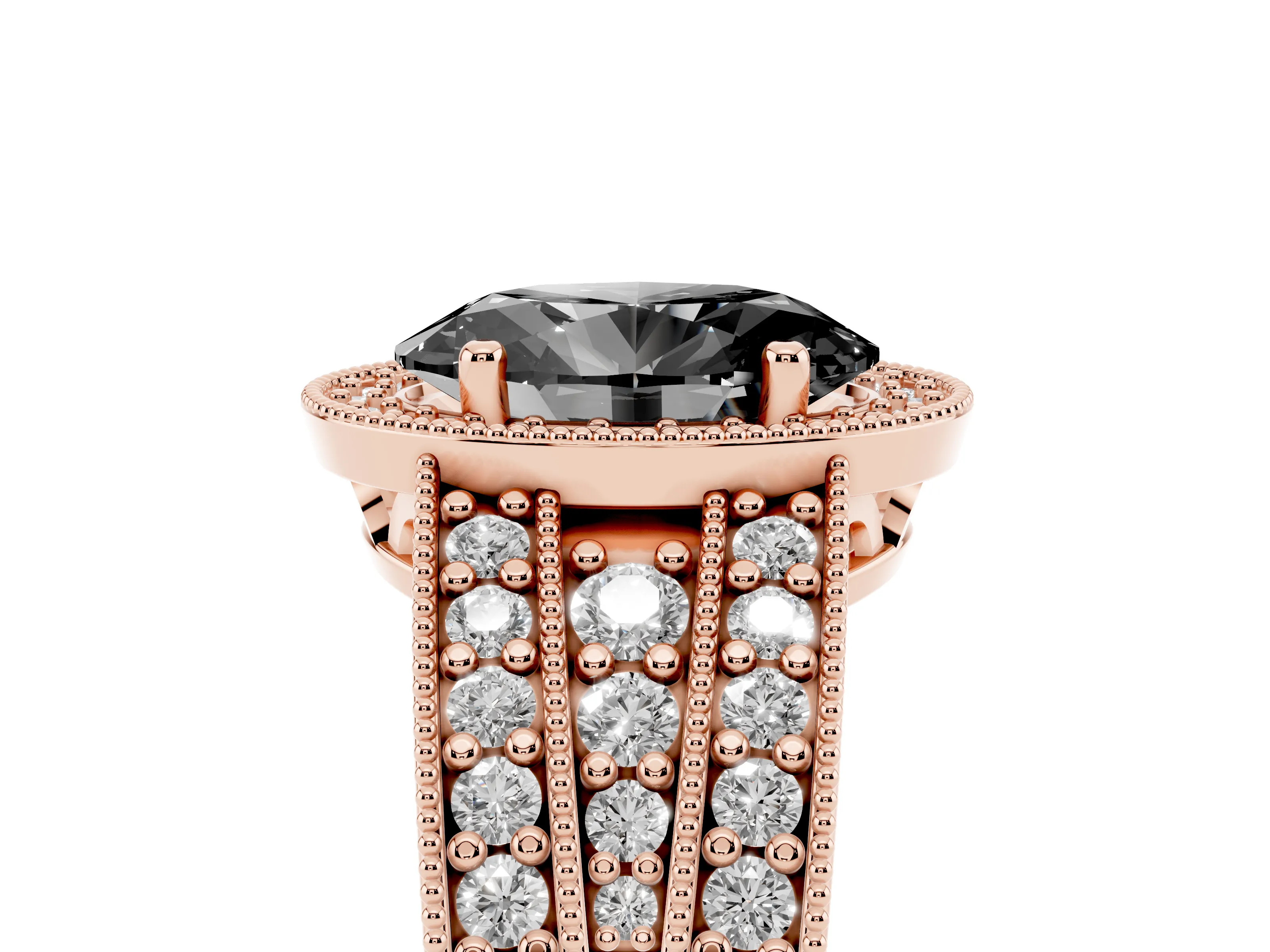 Fancy Black Oval Cut Diamond Halo Ring Set in Rose gold with Accent Split Shank and Prong Setting
